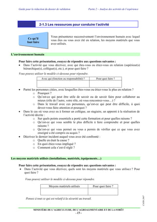 Guide pour la rédaction du dossier de validation Partie 2 – Analyse des activités de l’expérience
MINISTÈRE DE L’AGRICULTURE, DE L’AGROALIMENTAIRE ET DE LA FORÊT
- 15 -
CNPR-2007
Ce qu’il
faut faire
2-1.3 Les ressources pour conduire l’activité
Vous présenterez successivement l’environnement humain avec lequel
vous êtes ou vous avez été en relation, les moyens matériels que vous
avez utilisés.
L’environnement humain
Pour faire cette présentation, essayez de répondre aux questions suivantes :
 Dans l’activité que vous décrivez, avec qui êtes-vous ou étiez-vous en relation (supérieur(s)
hiérarchique(s), collègue(s), etc.), et pour quoi faire ?
Vous pouvez utiliser le modèle ci-dessous pour répondre.
Avec qui (fonction ou responsabilité) ? Pour quoi faire ?
 Parmi les personnes citées, avec lesquelles êtes-vous ou étiez-vous le plus en relation ?
o Pourquoi ?
o Qu’est-ce qui peut être utile de savoir ou de savoir faire pour collaborer au
mieux (rôle de l’autre, votre rôle, où vous rencontrez-vous…) ?
o Dans le travail avec ces personnes, qu’est-ce qui peut être difficile, à quoi
devez-vous faire attention et pourquoi ?
 Dans le cas où vous avez eu à former un collègue, un stagiaire, un apprenti à la réalisation de
l’activité décrite :
o Sur quels points essentiels a porté cette formation et pour quelles raisons ?
o Qu’est-ce qui vous semble le plus difficile à faire comprendre et pour quelles
raisons ?
o Qu’est-ce qui vous permet ou vous a permis de vérifier que ce que vous avez
enseigné a été compris ou acquis ?
 Décrivez le dernier incident auquel vous avez été confronté :
o Quelle en était la cause ?
o En quoi étiez-vous impliqué ?
o Comment cela s’est-il réglé ?
Les moyens matériels utilisés (installations, matériels, équipements…)
Pour faire cette présentation, essayez de répondre aux questions suivantes :
 Dans l’activité que vous décrivez, quels sont les moyens matériels que vous utilisez ? Pour
quoi faire ?
Vous pouvez utiliser le modèle ci-dessous pour répondre.
Moyens matériels utilisés Pour quoi faire ?
Pensez à tout ce qui est relatif à la sécurité au travail.
 