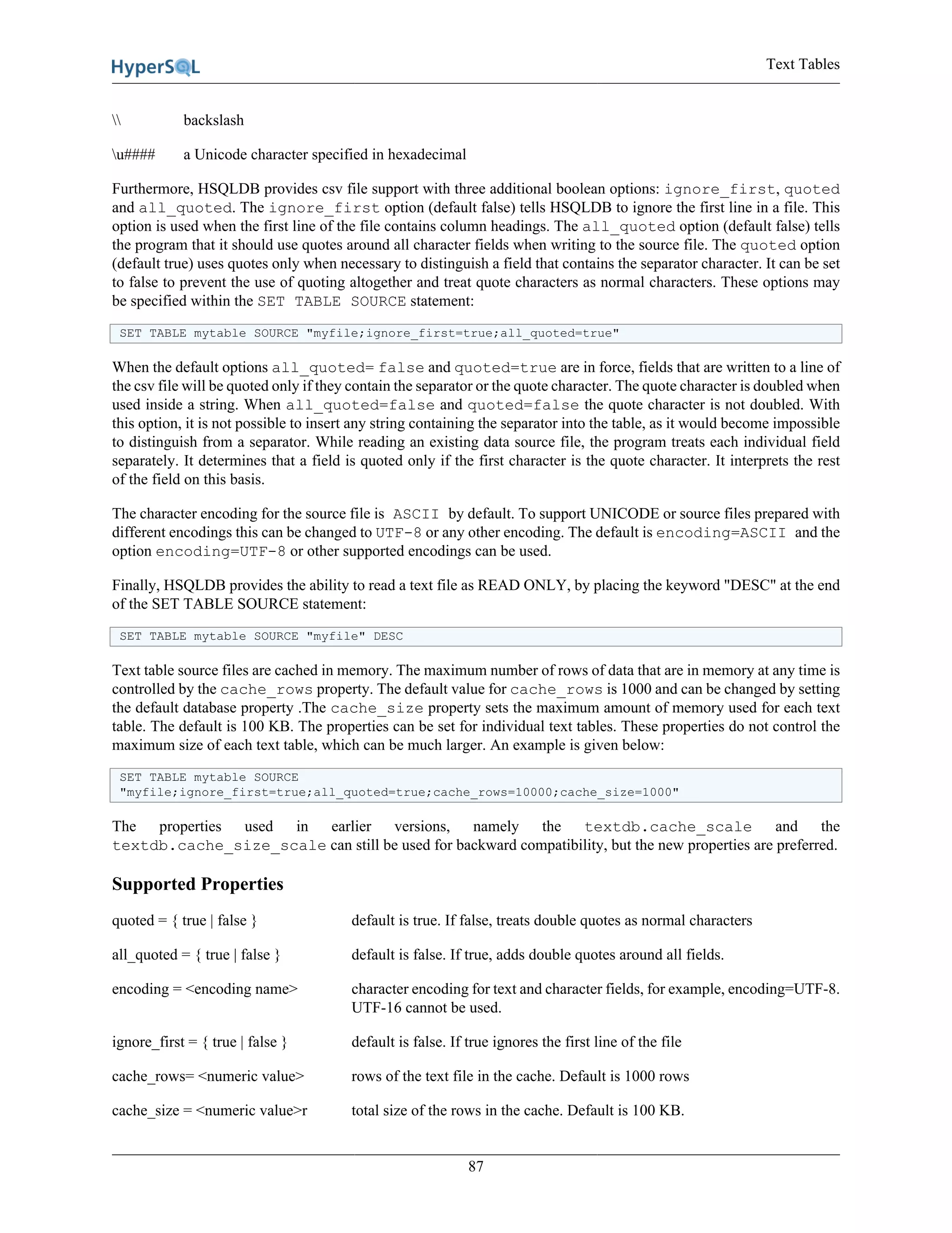 Text Tables
87
 backslash
u#### a Unicode character specified in hexadecimal
Furthermore, HSQLDB provides csv file support with three additional boolean options: ignore_first, quoted
and all_quoted. The ignore_first option (default false) tells HSQLDB to ignore the first line in a file. This
option is used when the first line of the file contains column headings. The all_quoted option (default false) tells
the program that it should use quotes around all character fields when writing to the source file. The quoted option
(default true) uses quotes only when necessary to distinguish a field that contains the separator character. It can be set
to false to prevent the use of quoting altogether and treat quote characters as normal characters. These options may
be specified within the SET TABLE SOURCE statement:
SET TABLE mytable SOURCE "myfile;ignore_first=true;all_quoted=true"
When the default options all_quoted= false and quoted=true are in force, fields that are written to a line of
the csv file will be quoted only if they contain the separator or the quote character. The quote character is doubled when
used inside a string. When all_quoted=false and quoted=false the quote character is not doubled. With
this option, it is not possible to insert any string containing the separator into the table, as it would become impossible
to distinguish from a separator. While reading an existing data source file, the program treats each individual field
separately. It determines that a field is quoted only if the first character is the quote character. It interprets the rest
of the field on this basis.
The character encoding for the source file is ASCII by default. To support UNICODE or source files prepared with
different encodings this can be changed to UTF-8 or any other encoding. The default is encoding=ASCII and the
option encoding=UTF-8 or other supported encodings can be used.
Finally, HSQLDB provides the ability to read a text file as READ ONLY, by placing the keyword "DESC" at the end
of the SET TABLE SOURCE statement:
SET TABLE mytable SOURCE "myfile" DESC
Text table source files are cached in memory. The maximum number of rows of data that are in memory at any time is
controlled by the cache_rows property. The default value for cache_rows is 1000 and can be changed by setting
the default database property .The cache_size property sets the maximum amount of memory used for each text
table. The default is 100 KB. The properties can be set for individual text tables. These properties do not control the
maximum size of each text table, which can be much larger. An example is given below:
SET TABLE mytable SOURCE
"myfile;ignore_first=true;all_quoted=true;cache_rows=10000;cache_size=1000"
The properties used in earlier versions, namely the textdb.cache_scale and the
textdb.cache_size_scale can still be used for backward compatibility, but the new properties are preferred.
Supported Properties
quoted = { true | false } default is true. If false, treats double quotes as normal characters
all_quoted = { true | false } default is false. If true, adds double quotes around all fields.
encoding = <encoding name> character encoding for text and character fields, for example, encoding=UTF-8.
UTF-16 cannot be used.
ignore_first = { true | false } default is false. If true ignores the first line of the file
cache_rows= <numeric value> rows of the text file in the cache. Default is 1000 rows
cache_size = <numeric value>r total size of the rows in the cache. Default is 100 KB.
 