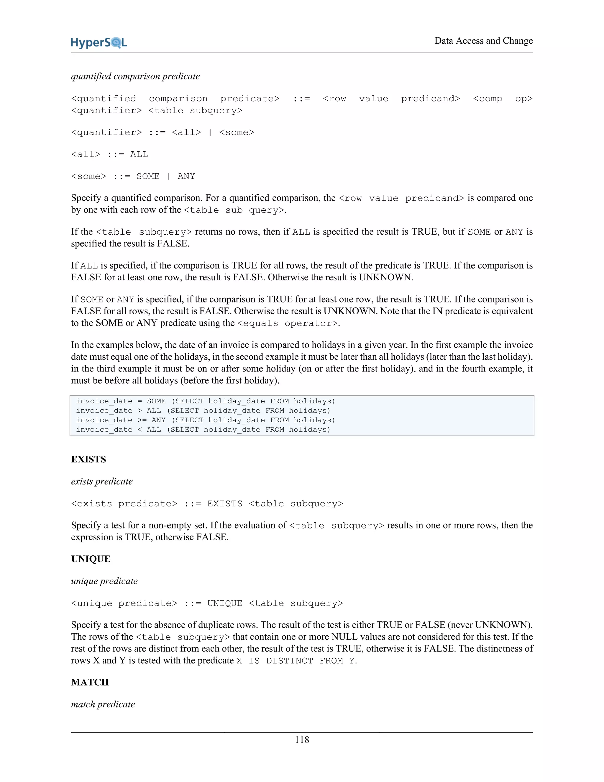 Data Access and Change
118
quantified comparison predicate
<quantified comparison predicate> ::= <row value predicand> <comp op>
<quantifier> <table subquery>
<quantifier> ::= <all> | <some>
<all> ::= ALL
<some> ::= SOME | ANY
Specify a quantified comparison. For a quantified comparison, the <row value predicand> is compared one
by one with each row of the <table sub query>.
If the <table subquery> returns no rows, then if ALL is specified the result is TRUE, but if SOME or ANY is
specified the result is FALSE.
If ALL is specified, if the comparison is TRUE for all rows, the result of the predicate is TRUE. If the comparison is
FALSE for at least one row, the result is FALSE. Otherwise the result is UNKNOWN.
If SOME or ANY is specified, if the comparison is TRUE for at least one row, the result is TRUE. If the comparison is
FALSE for all rows, the result is FALSE. Otherwise the result is UNKNOWN. Note that the IN predicate is equivalent
to the SOME or ANY predicate using the <equals operator>.
In the examples below, the date of an invoice is compared to holidays in a given year. In the first example the invoice
date must equal one of the holidays, in the second example it must be later than all holidays (later than the last holiday),
in the third example it must be on or after some holiday (on or after the first holiday), and in the fourth example, it
must be before all holidays (before the first holiday).
invoice_date = SOME (SELECT holiday_date FROM holidays)
invoice_date > ALL (SELECT holiday_date FROM holidays)
invoice_date >= ANY (SELECT holiday_date FROM holidays)
invoice_date < ALL (SELECT holiday_date FROM holidays)
EXISTS
exists predicate
<exists predicate> ::= EXISTS <table subquery>
Specify a test for a non-empty set. If the evaluation of <table subquery> results in one or more rows, then the
expression is TRUE, otherwise FALSE.
UNIQUE
unique predicate
<unique predicate> ::= UNIQUE <table subquery>
Specify a test for the absence of duplicate rows. The result of the test is either TRUE or FALSE (never UNKNOWN).
The rows of the <table subquery> that contain one or more NULL values are not considered for this test. If the
rest of the rows are distinct from each other, the result of the test is TRUE, otherwise it is FALSE. The distinctness of
rows X and Y is tested with the predicate X IS DISTINCT FROM Y.
MATCH
match predicate
 