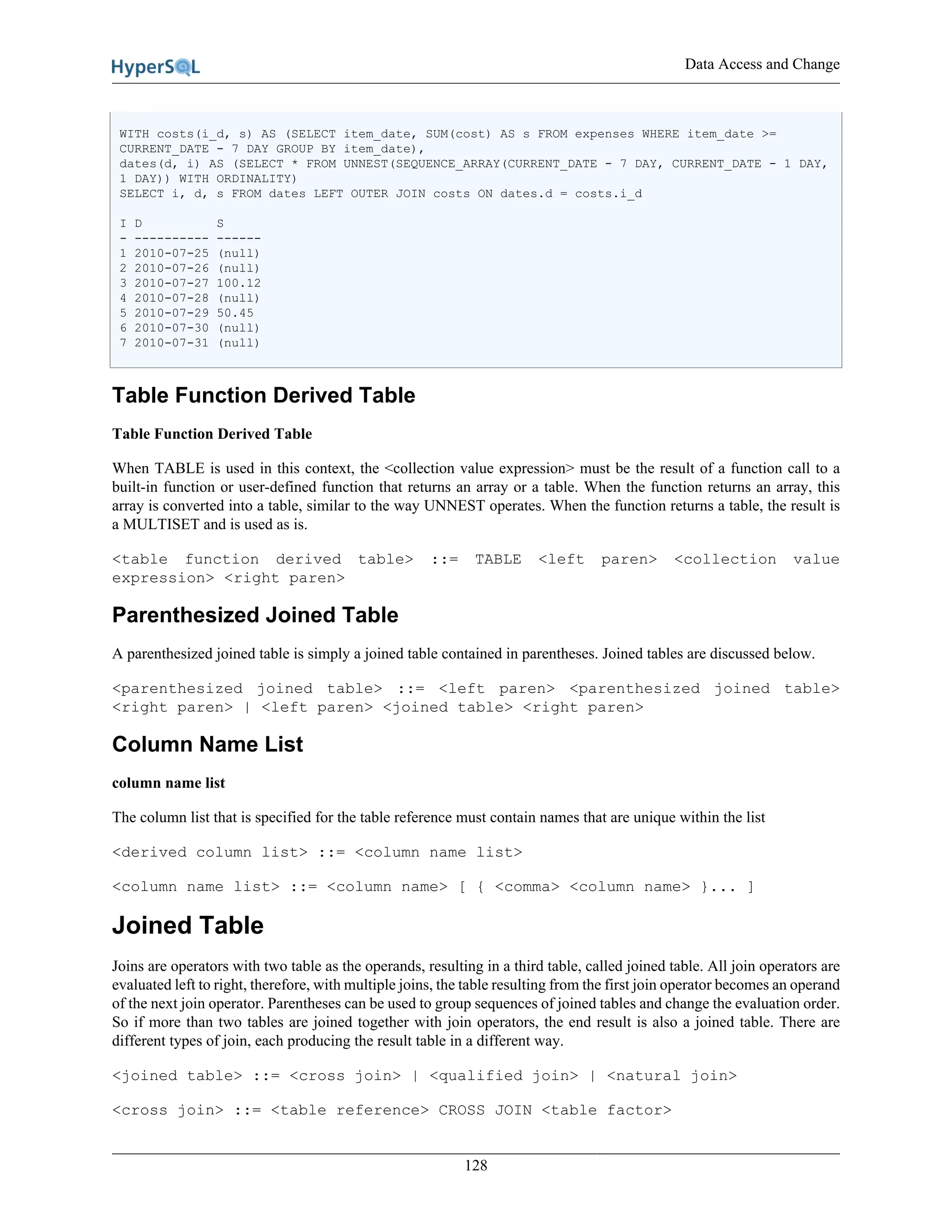 Data Access and Change
128
WITH costs(i_d, s) AS (SELECT item_date, SUM(cost) AS s FROM expenses WHERE item_date >=
CURRENT_DATE - 7 DAY GROUP BY item_date),
dates(d, i) AS (SELECT * FROM UNNEST(SEQUENCE_ARRAY(CURRENT_DATE - 7 DAY, CURRENT_DATE - 1 DAY,
1 DAY)) WITH ORDINALITY)
SELECT i, d, s FROM dates LEFT OUTER JOIN costs ON dates.d = costs.i_d
I D S
- ---------- ------
1 2010-07-25 (null)
2 2010-07-26 (null)
3 2010-07-27 100.12
4 2010-07-28 (null)
5 2010-07-29 50.45
6 2010-07-30 (null)
7 2010-07-31 (null)
Table Function Derived Table
Table Function Derived Table
When TABLE is used in this context, the <collection value expression> must be the result of a function call to a
built-in function or user-defined function that returns an array or a table. When the function returns an array, this
array is converted into a table, similar to the way UNNEST operates. When the function returns a table, the result is
a MULTISET and is used as is.
<table function derived table> ::= TABLE <left paren> <collection value
expression> <right paren>
Parenthesized Joined Table
A parenthesized joined table is simply a joined table contained in parentheses. Joined tables are discussed below.
<parenthesized joined table> ::= <left paren> <parenthesized joined table>
<right paren> | <left paren> <joined table> <right paren>
Column Name List
column name list
The column list that is specified for the table reference must contain names that are unique within the list
<derived column list> ::= <column name list>
<column name list> ::= <column name> [ { <comma> <column name> }... ]
Joined Table
Joins are operators with two table as the operands, resulting in a third table, called joined table. All join operators are
evaluated left to right, therefore, with multiple joins, the table resulting from the first join operator becomes an operand
of the next join operator. Parentheses can be used to group sequences of joined tables and change the evaluation order.
So if more than two tables are joined together with join operators, the end result is also a joined table. There are
different types of join, each producing the result table in a different way.
<joined table> ::= <cross join> | <qualified join> | <natural join>
<cross join> ::= <table reference> CROSS JOIN <table factor>
 