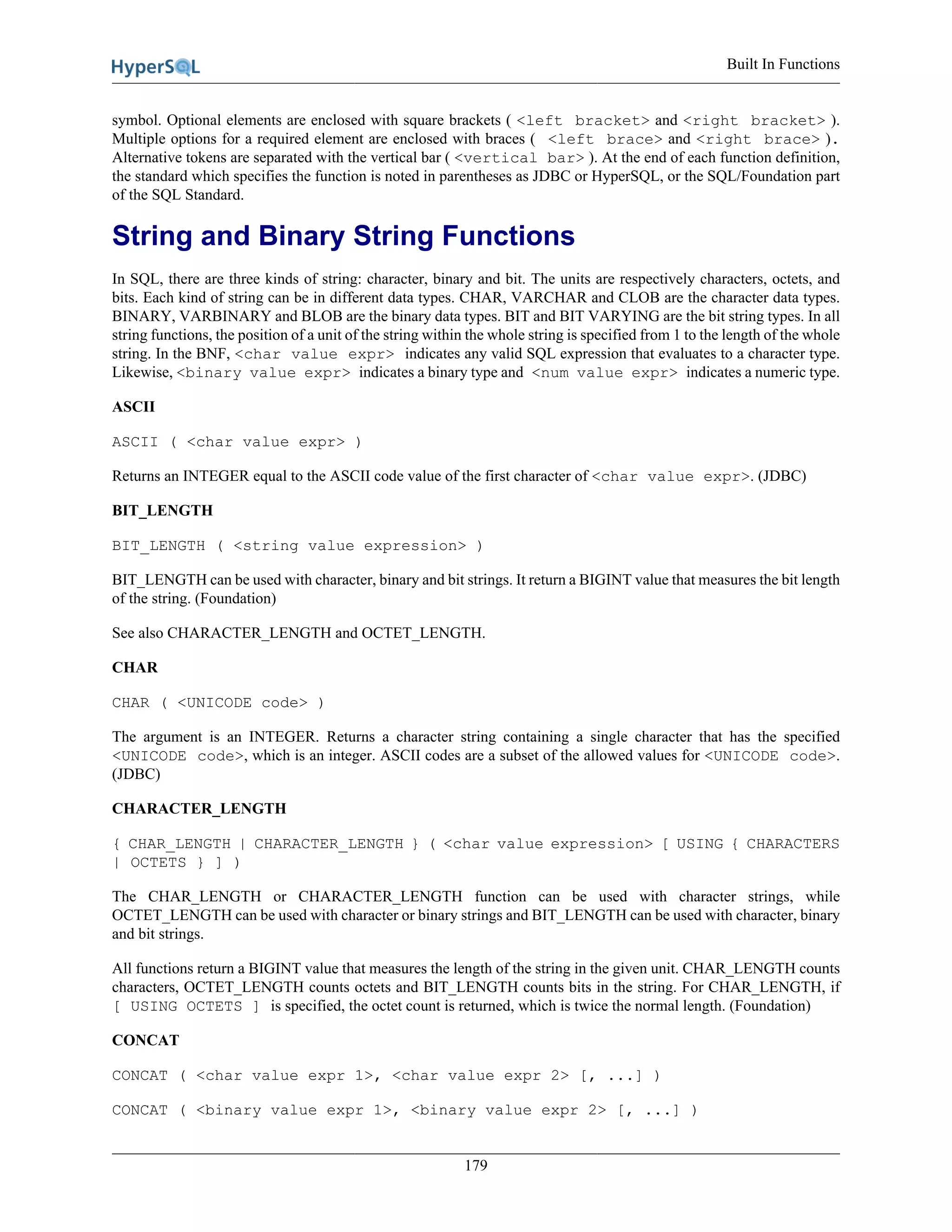 Built In Functions
179
symbol. Optional elements are enclosed with square brackets ( <left bracket> and <right bracket> ).
Multiple options for a required element are enclosed with braces ( <left brace> and <right brace> ).
Alternative tokens are separated with the vertical bar ( <vertical bar> ). At the end of each function definition,
the standard which specifies the function is noted in parentheses as JDBC or HyperSQL, or the SQL/Foundation part
of the SQL Standard.
String and Binary String Functions
In SQL, there are three kinds of string: character, binary and bit. The units are respectively characters, octets, and
bits. Each kind of string can be in different data types. CHAR, VARCHAR and CLOB are the character data types.
BINARY, VARBINARY and BLOB are the binary data types. BIT and BIT VARYING are the bit string types. In all
string functions, the position of a unit of the string within the whole string is specified from 1 to the length of the whole
string. In the BNF, <char value expr> indicates any valid SQL expression that evaluates to a character type.
Likewise, <binary value expr> indicates a binary type and <num value expr> indicates a numeric type.
ASCII
ASCII ( <char value expr> )
Returns an INTEGER equal to the ASCII code value of the first character of <char value expr>. (JDBC)
BIT_LENGTH
BIT_LENGTH ( <string value expression> )
BIT_LENGTH can be used with character, binary and bit strings. It return a BIGINT value that measures the bit length
of the string. (Foundation)
See also CHARACTER_LENGTH and OCTET_LENGTH.
CHAR
CHAR ( <UNICODE code> )
The argument is an INTEGER. Returns a character string containing a single character that has the specified
<UNICODE code>, which is an integer. ASCII codes are a subset of the allowed values for <UNICODE code>.
(JDBC)
CHARACTER_LENGTH
{ CHAR_LENGTH | CHARACTER_LENGTH } ( <char value expression> [ USING { CHARACTERS
| OCTETS } ] )
The CHAR_LENGTH or CHARACTER_LENGTH function can be used with character strings, while
OCTET_LENGTH can be used with character or binary strings and BIT_LENGTH can be used with character, binary
and bit strings.
All functions return a BIGINT value that measures the length of the string in the given unit. CHAR_LENGTH counts
characters, OCTET_LENGTH counts octets and BIT_LENGTH counts bits in the string. For CHAR_LENGTH, if
[ USING OCTETS ] is specified, the octet count is returned, which is twice the normal length. (Foundation)
CONCAT
CONCAT ( <char value expr 1>, <char value expr 2> [, ...] )
CONCAT ( <binary value expr 1>, <binary value expr 2> [, ...] )
 