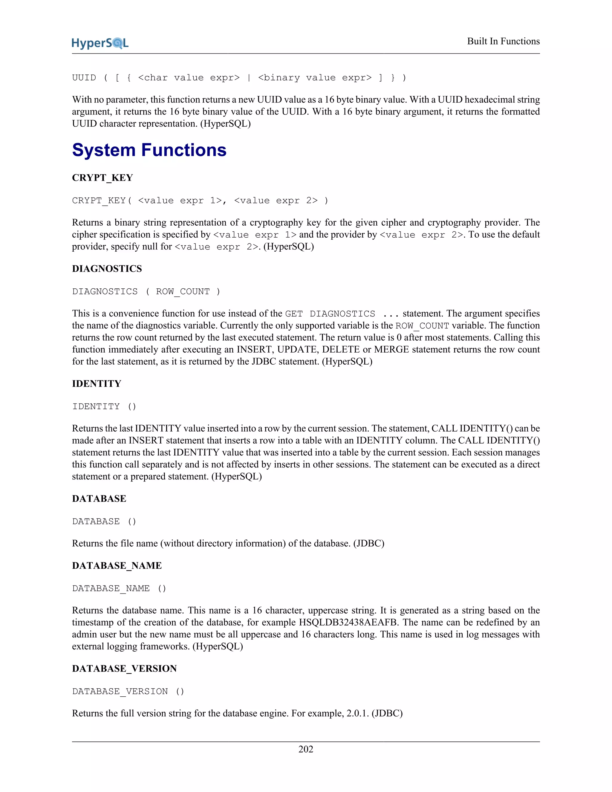 Built In Functions
202
UUID ( [ { <char value expr> | <binary value expr> ] } )
With no parameter, this function returns a new UUID value as a 16 byte binary value. With a UUID hexadecimal string
argument, it returns the 16 byte binary value of the UUID. With a 16 byte binary argument, it returns the formatted
UUID character representation. (HyperSQL)
System Functions
CRYPT_KEY
CRYPT_KEY( <value expr 1>, <value expr 2> )
Returns a binary string representation of a cryptography key for the given cipher and cryptography provider. The
cipher specification is specified by <value expr 1> and the provider by <value expr 2>. To use the default
provider, specify null for <value expr 2>. (HyperSQL)
DIAGNOSTICS
DIAGNOSTICS ( ROW_COUNT )
This is a convenience function for use instead of the GET DIAGNOSTICS ... statement. The argument specifies
the name of the diagnostics variable. Currently the only supported variable is the ROW_COUNT variable. The function
returns the row count returned by the last executed statement. The return value is 0 after most statements. Calling this
function immediately after executing an INSERT, UPDATE, DELETE or MERGE statement returns the row count
for the last statement, as it is returned by the JDBC statement. (HyperSQL)
IDENTITY
IDENTITY ()
Returns the last IDENTITY value inserted into a row by the current session. The statement, CALL IDENTITY() can be
made after an INSERT statement that inserts a row into a table with an IDENTITY column. The CALL IDENTITY()
statement returns the last IDENTITY value that was inserted into a table by the current session. Each session manages
this function call separately and is not affected by inserts in other sessions. The statement can be executed as a direct
statement or a prepared statement. (HyperSQL)
DATABASE
DATABASE ()
Returns the file name (without directory information) of the database. (JDBC)
DATABASE_NAME
DATABASE_NAME ()
Returns the database name. This name is a 16 character, uppercase string. It is generated as a string based on the
timestamp of the creation of the database, for example HSQLDB32438AEAFB. The name can be redefined by an
admin user but the new name must be all uppercase and 16 characters long. This name is used in log messages with
external logging frameworks. (HyperSQL)
DATABASE_VERSION
DATABASE_VERSION ()
Returns the full version string for the database engine. For example, 2.0.1. (JDBC)
 