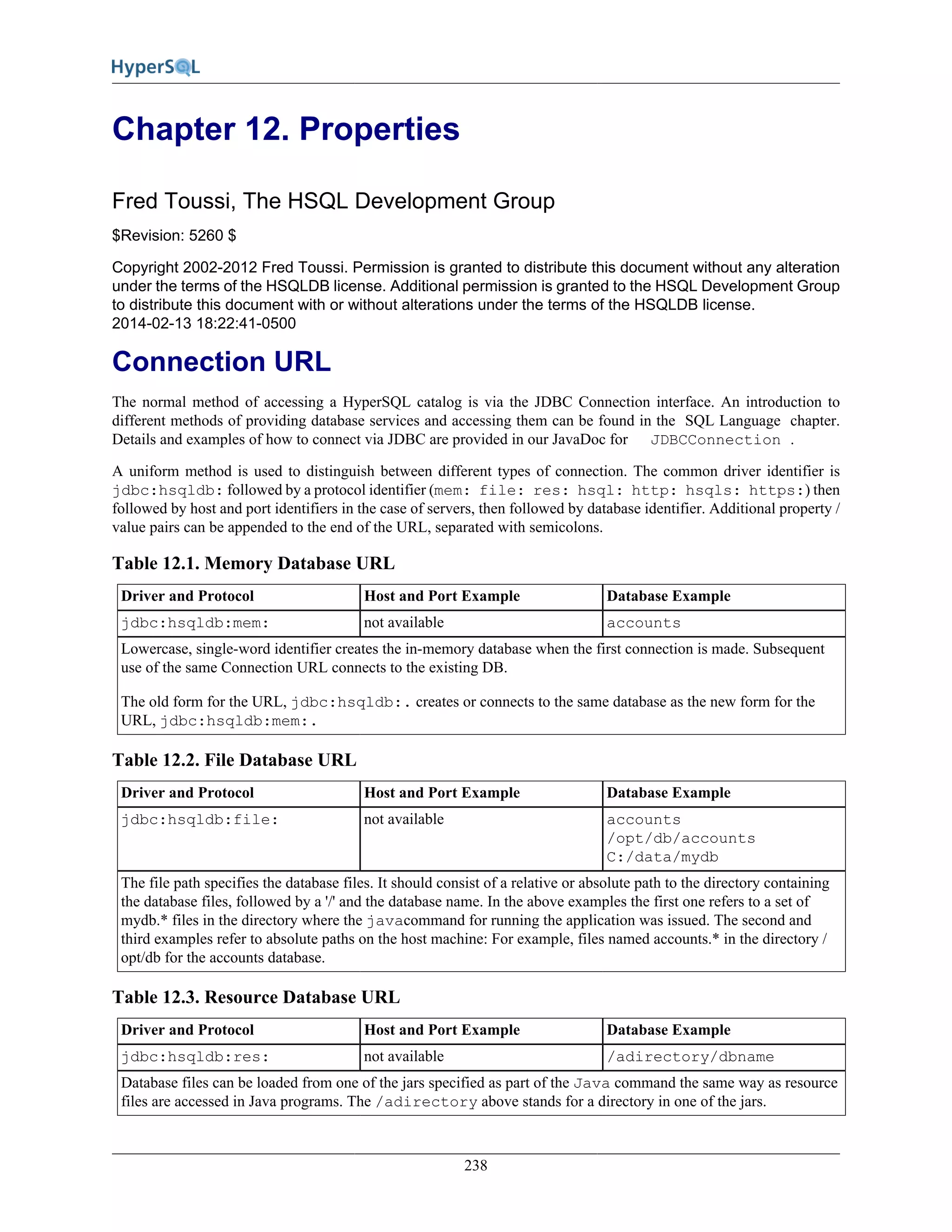 238
Chapter 12. Properties
Fred Toussi, The HSQL Development Group
$Revision: 5260 $
Copyright 2002-2012 Fred Toussi. Permission is granted to distribute this document without any alteration
under the terms of the HSQLDB license. Additional permission is granted to the HSQL Development Group
to distribute this document with or without alterations under the terms of the HSQLDB license.
2014-02-13 18:22:41-0500
Connection URL
The normal method of accessing a HyperSQL catalog is via the JDBC Connection interface. An introduction to
different methods of providing database services and accessing them can be found in the SQL Language chapter.
Details and examples of how to connect via JDBC are provided in our JavaDoc for JDBCConnection .
A uniform method is used to distinguish between different types of connection. The common driver identifier is
jdbc:hsqldb: followed by a protocol identifier (mem: file: res: hsql: http: hsqls: https:) then
followed by host and port identifiers in the case of servers, then followed by database identifier. Additional property /
value pairs can be appended to the end of the URL, separated with semicolons.
Table 12.1. Memory Database URL
Driver and Protocol Host and Port Example Database Example
jdbc:hsqldb:mem: not available accounts
Lowercase, single-word identifier creates the in-memory database when the first connection is made. Subsequent
use of the same Connection URL connects to the existing DB.
The old form for the URL, jdbc:hsqldb:. creates or connects to the same database as the new form for the
URL, jdbc:hsqldb:mem:.
Table 12.2. File Database URL
Driver and Protocol Host and Port Example Database Example
jdbc:hsqldb:file: not available accounts
/opt/db/accounts
C:/data/mydb
The file path specifies the database files. It should consist of a relative or absolute path to the directory containing
the database files, followed by a '/' and the database name. In the above examples the first one refers to a set of
mydb.* files in the directory where the javacommand for running the application was issued. The second and
third examples refer to absolute paths on the host machine: For example, files named accounts.* in the directory /
opt/db for the accounts database.
Table 12.3. Resource Database URL
Driver and Protocol Host and Port Example Database Example
jdbc:hsqldb:res: not available /adirectory/dbname
Database files can be loaded from one of the jars specified as part of the Java command the same way as resource
files are accessed in Java programs. The /adirectory above stands for a directory in one of the jars.
 