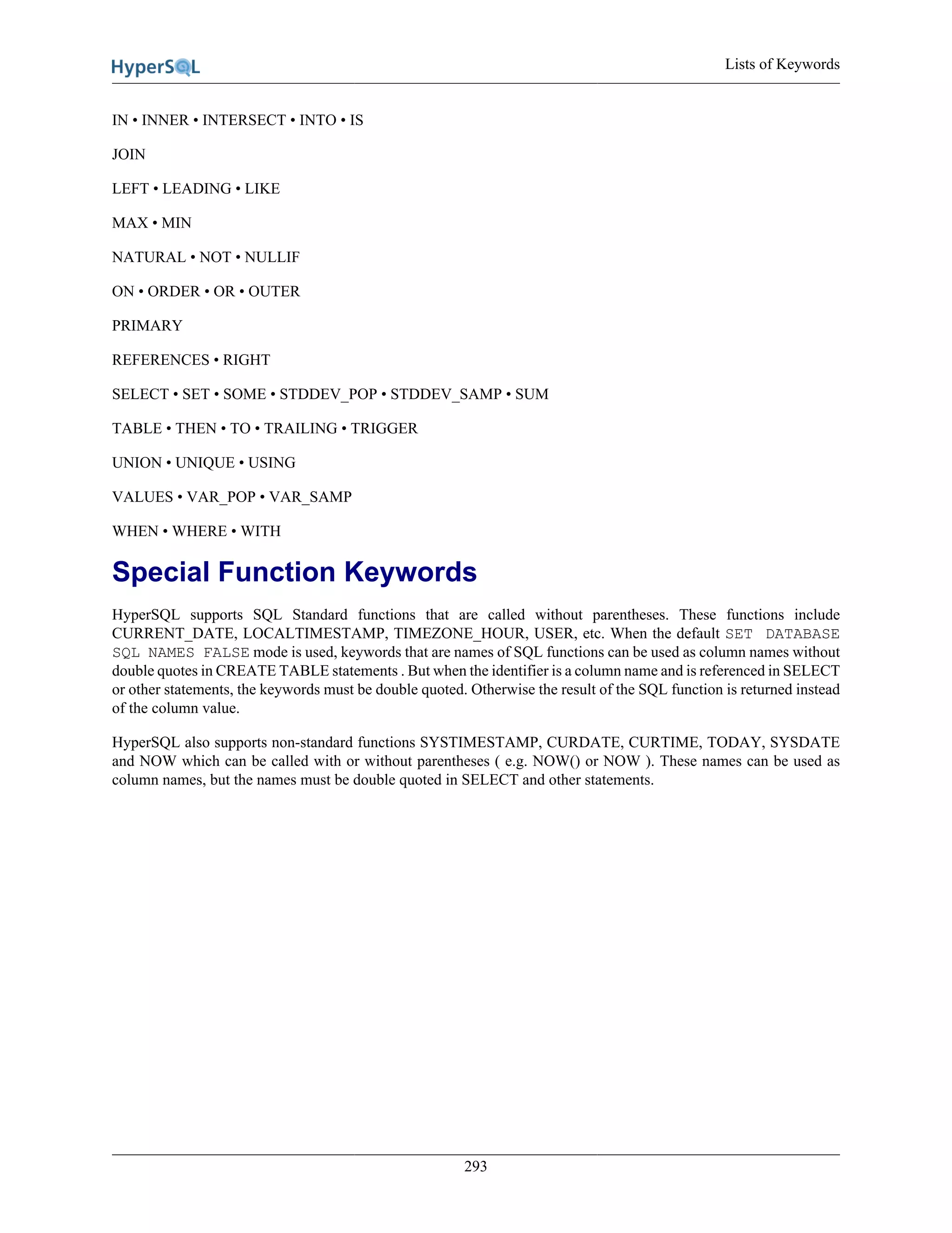 Lists of Keywords
293
IN • INNER • INTERSECT • INTO • IS
JOIN
LEFT • LEADING • LIKE
MAX • MIN
NATURAL • NOT • NULLIF
ON • ORDER • OR • OUTER
PRIMARY
REFERENCES • RIGHT
SELECT • SET • SOME • STDDEV_POP • STDDEV_SAMP • SUM
TABLE • THEN • TO • TRAILING • TRIGGER
UNION • UNIQUE • USING
VALUES • VAR_POP • VAR_SAMP
WHEN • WHERE • WITH
Special Function Keywords
HyperSQL supports SQL Standard functions that are called without parentheses. These functions include
CURRENT_DATE, LOCALTIMESTAMP, TIMEZONE_HOUR, USER, etc. When the default SET DATABASE
SQL NAMES FALSE mode is used, keywords that are names of SQL functions can be used as column names without
double quotes in CREATE TABLE statements . But when the identifier is a column name and is referenced in SELECT
or other statements, the keywords must be double quoted. Otherwise the result of the SQL function is returned instead
of the column value.
HyperSQL also supports non-standard functions SYSTIMESTAMP, CURDATE, CURTIME, TODAY, SYSDATE
and NOW which can be called with or without parentheses ( e.g. NOW() or NOW ). These names can be used as
column names, but the names must be double quoted in SELECT and other statements.
 