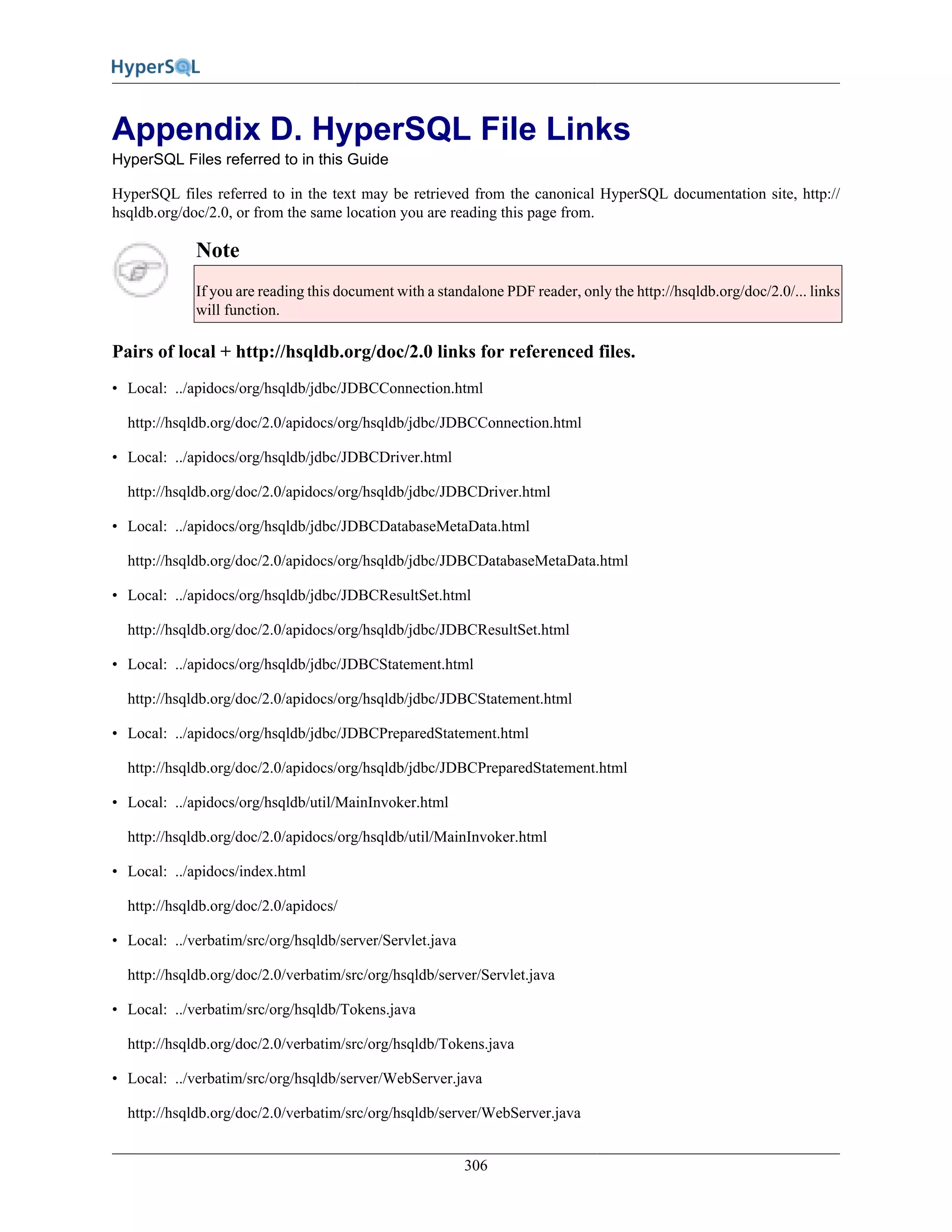 306
Appendix D. HyperSQL File Links
HyperSQL Files referred to in this Guide
HyperSQL files referred to in the text may be retrieved from the canonical HyperSQL documentation site, http://
hsqldb.org/doc/2.0, or from the same location you are reading this page from.
Note
If you are reading this document with a standalone PDF reader, only the http://hsqldb.org/doc/2.0/... links
will function.
Pairs of local + http://hsqldb.org/doc/2.0 links for referenced files.
• Local: ../apidocs/org/hsqldb/jdbc/JDBCConnection.html
http://hsqldb.org/doc/2.0/apidocs/org/hsqldb/jdbc/JDBCConnection.html
• Local: ../apidocs/org/hsqldb/jdbc/JDBCDriver.html
http://hsqldb.org/doc/2.0/apidocs/org/hsqldb/jdbc/JDBCDriver.html
• Local: ../apidocs/org/hsqldb/jdbc/JDBCDatabaseMetaData.html
http://hsqldb.org/doc/2.0/apidocs/org/hsqldb/jdbc/JDBCDatabaseMetaData.html
• Local: ../apidocs/org/hsqldb/jdbc/JDBCResultSet.html
http://hsqldb.org/doc/2.0/apidocs/org/hsqldb/jdbc/JDBCResultSet.html
• Local: ../apidocs/org/hsqldb/jdbc/JDBCStatement.html
http://hsqldb.org/doc/2.0/apidocs/org/hsqldb/jdbc/JDBCStatement.html
• Local: ../apidocs/org/hsqldb/jdbc/JDBCPreparedStatement.html
http://hsqldb.org/doc/2.0/apidocs/org/hsqldb/jdbc/JDBCPreparedStatement.html
• Local: ../apidocs/org/hsqldb/util/MainInvoker.html
http://hsqldb.org/doc/2.0/apidocs/org/hsqldb/util/MainInvoker.html
• Local: ../apidocs/index.html
http://hsqldb.org/doc/2.0/apidocs/
• Local: ../verbatim/src/org/hsqldb/server/Servlet.java
http://hsqldb.org/doc/2.0/verbatim/src/org/hsqldb/server/Servlet.java
• Local: ../verbatim/src/org/hsqldb/Tokens.java
http://hsqldb.org/doc/2.0/verbatim/src/org/hsqldb/Tokens.java
• Local: ../verbatim/src/org/hsqldb/server/WebServer.java
http://hsqldb.org/doc/2.0/verbatim/src/org/hsqldb/server/WebServer.java
 