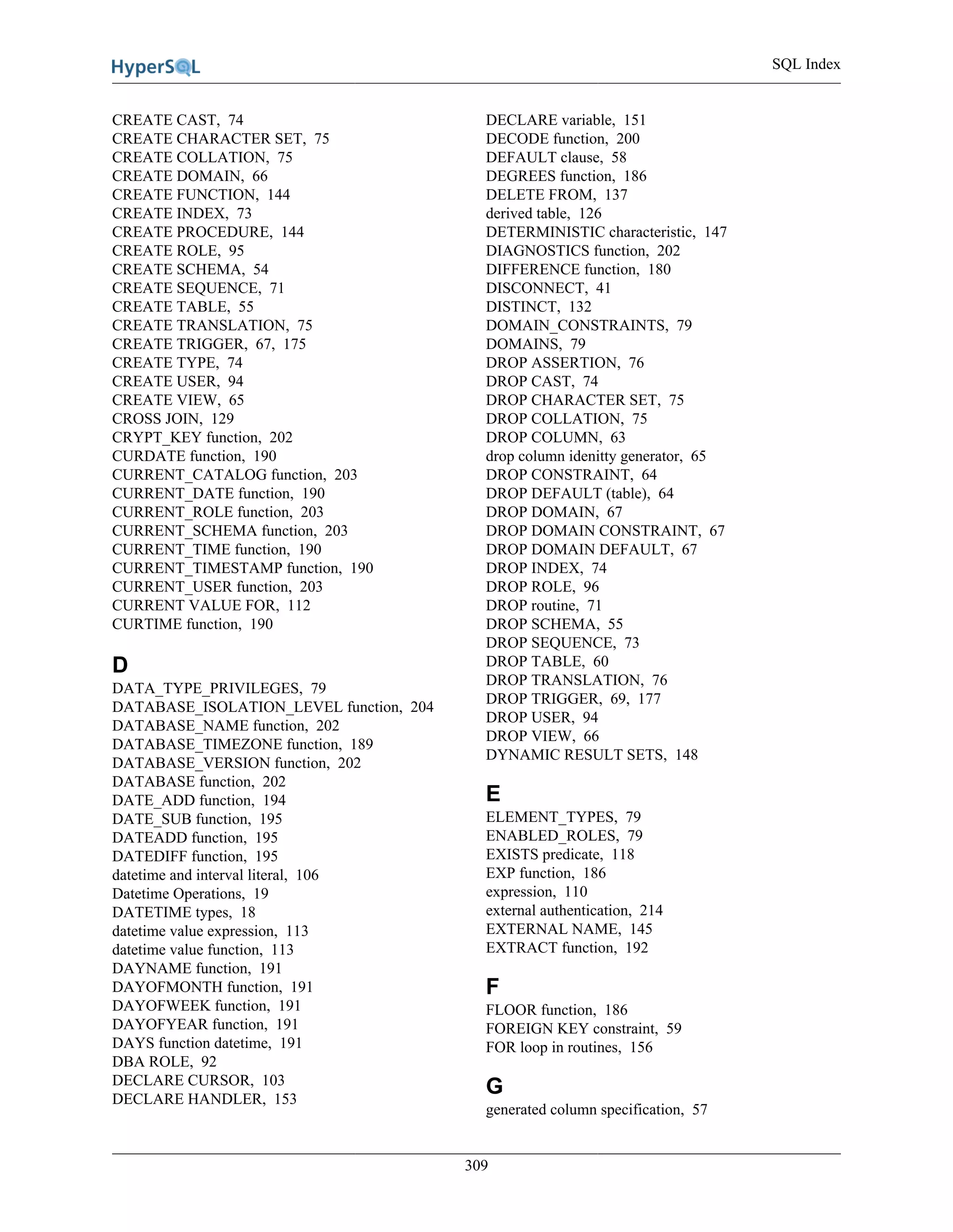 SQL Index
309
CREATE CAST, 74
CREATE CHARACTER SET, 75
CREATE COLLATION, 75
CREATE DOMAIN, 66
CREATE FUNCTION, 144
CREATE INDEX, 73
CREATE PROCEDURE, 144
CREATE ROLE, 95
CREATE SCHEMA, 54
CREATE SEQUENCE, 71
CREATE TABLE, 55
CREATE TRANSLATION, 75
CREATE TRIGGER, 67, 175
CREATE TYPE, 74
CREATE USER, 94
CREATE VIEW, 65
CROSS JOIN, 129
CRYPT_KEY function, 202
CURDATE function, 190
CURRENT_CATALOG function, 203
CURRENT_DATE function, 190
CURRENT_ROLE function, 203
CURRENT_SCHEMA function, 203
CURRENT_TIME function, 190
CURRENT_TIMESTAMP function, 190
CURRENT_USER function, 203
CURRENT VALUE FOR, 112
CURTIME function, 190
D
DATA_TYPE_PRIVILEGES, 79
DATABASE_ISOLATION_LEVEL function, 204
DATABASE_NAME function, 202
DATABASE_TIMEZONE function, 189
DATABASE_VERSION function, 202
DATABASE function, 202
DATE_ADD function, 194
DATE_SUB function, 195
DATEADD function, 195
DATEDIFF function, 195
datetime and interval literal, 106
Datetime Operations, 19
DATETIME types, 18
datetime value expression, 113
datetime value function, 113
DAYNAME function, 191
DAYOFMONTH function, 191
DAYOFWEEK function, 191
DAYOFYEAR function, 191
DAYS function datetime, 191
DBA ROLE, 92
DECLARE CURSOR, 103
DECLARE HANDLER, 153
DECLARE variable, 151
DECODE function, 200
DEFAULT clause, 58
DEGREES function, 186
DELETE FROM, 137
derived table, 126
DETERMINISTIC characteristic, 147
DIAGNOSTICS function, 202
DIFFERENCE function, 180
DISCONNECT, 41
DISTINCT, 132
DOMAIN_CONSTRAINTS, 79
DOMAINS, 79
DROP ASSERTION, 76
DROP CAST, 74
DROP CHARACTER SET, 75
DROP COLLATION, 75
DROP COLUMN, 63
drop column idenitty generator, 65
DROP CONSTRAINT, 64
DROP DEFAULT (table), 64
DROP DOMAIN, 67
DROP DOMAIN CONSTRAINT, 67
DROP DOMAIN DEFAULT, 67
DROP INDEX, 74
DROP ROLE, 96
DROP routine, 71
DROP SCHEMA, 55
DROP SEQUENCE, 73
DROP TABLE, 60
DROP TRANSLATION, 76
DROP TRIGGER, 69, 177
DROP USER, 94
DROP VIEW, 66
DYNAMIC RESULT SETS, 148
E
ELEMENT_TYPES, 79
ENABLED_ROLES, 79
EXISTS predicate, 118
EXP function, 186
expression, 110
external authentication, 214
EXTERNAL NAME, 145
EXTRACT function, 192
F
FLOOR function, 186
FOREIGN KEY constraint, 59
FOR loop in routines, 156
G
generated column specification, 57
 