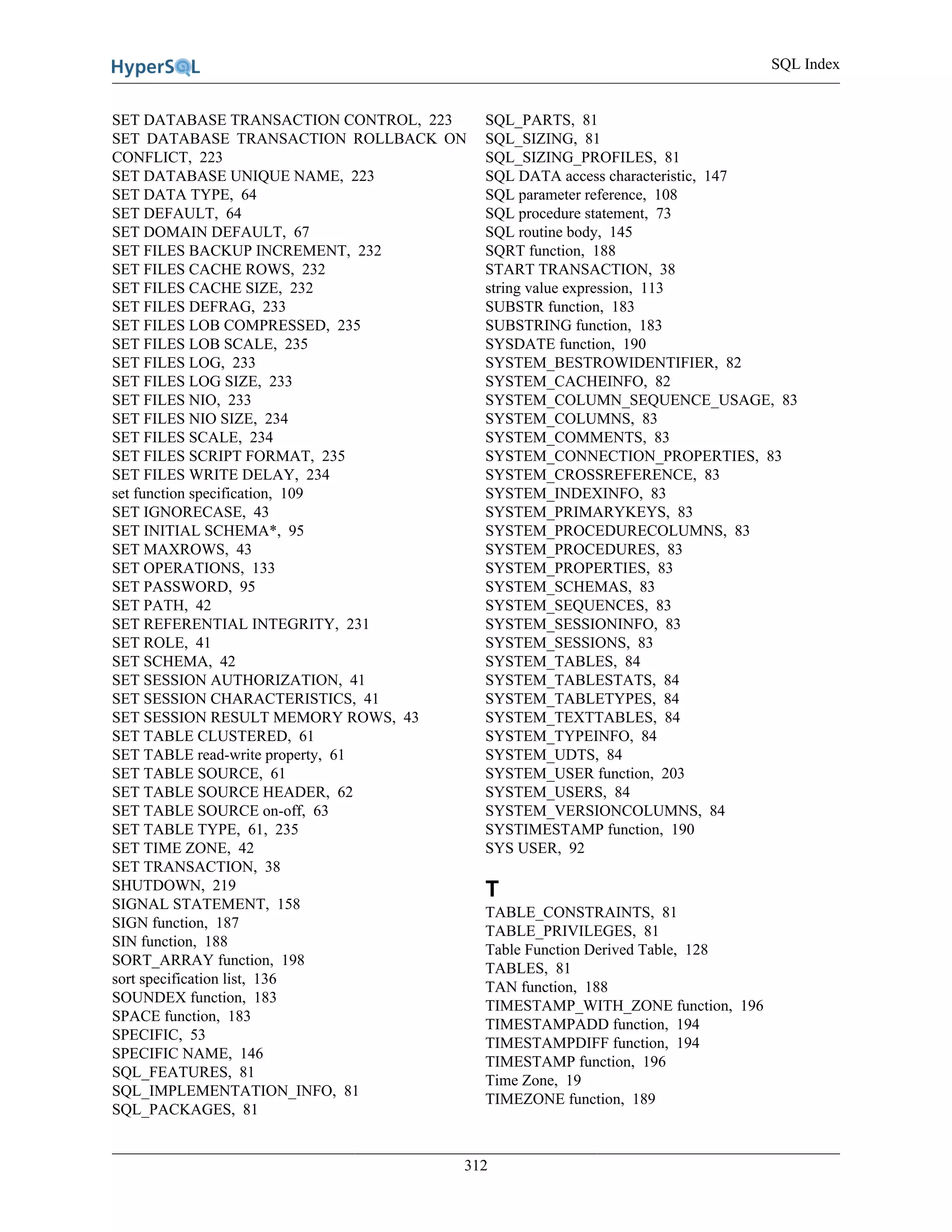 SQL Index
312
SET DATABASE TRANSACTION CONTROL, 223
SET DATABASE TRANSACTION ROLLBACK ON
CONFLICT, 223
SET DATABASE UNIQUE NAME, 223
SET DATA TYPE, 64
SET DEFAULT, 64
SET DOMAIN DEFAULT, 67
SET FILES BACKUP INCREMENT, 232
SET FILES CACHE ROWS, 232
SET FILES CACHE SIZE, 232
SET FILES DEFRAG, 233
SET FILES LOB COMPRESSED, 235
SET FILES LOB SCALE, 235
SET FILES LOG, 233
SET FILES LOG SIZE, 233
SET FILES NIO, 233
SET FILES NIO SIZE, 234
SET FILES SCALE, 234
SET FILES SCRIPT FORMAT, 235
SET FILES WRITE DELAY, 234
set function specification, 109
SET IGNORECASE, 43
SET INITIAL SCHEMA*, 95
SET MAXROWS, 43
SET OPERATIONS, 133
SET PASSWORD, 95
SET PATH, 42
SET REFERENTIAL INTEGRITY, 231
SET ROLE, 41
SET SCHEMA, 42
SET SESSION AUTHORIZATION, 41
SET SESSION CHARACTERISTICS, 41
SET SESSION RESULT MEMORY ROWS, 43
SET TABLE CLUSTERED, 61
SET TABLE read-write property, 61
SET TABLE SOURCE, 61
SET TABLE SOURCE HEADER, 62
SET TABLE SOURCE on-off, 63
SET TABLE TYPE, 61, 235
SET TIME ZONE, 42
SET TRANSACTION, 38
SHUTDOWN, 219
SIGNAL STATEMENT, 158
SIGN function, 187
SIN function, 188
SORT_ARRAY function, 198
sort specification list, 136
SOUNDEX function, 183
SPACE function, 183
SPECIFIC, 53
SPECIFIC NAME, 146
SQL_FEATURES, 81
SQL_IMPLEMENTATION_INFO, 81
SQL_PACKAGES, 81
SQL_PARTS, 81
SQL_SIZING, 81
SQL_SIZING_PROFILES, 81
SQL DATA access characteristic, 147
SQL parameter reference, 108
SQL procedure statement, 73
SQL routine body, 145
SQRT function, 188
START TRANSACTION, 38
string value expression, 113
SUBSTR function, 183
SUBSTRING function, 183
SYSDATE function, 190
SYSTEM_BESTROWIDENTIFIER, 82
SYSTEM_CACHEINFO, 82
SYSTEM_COLUMN_SEQUENCE_USAGE, 83
SYSTEM_COLUMNS, 83
SYSTEM_COMMENTS, 83
SYSTEM_CONNECTION_PROPERTIES, 83
SYSTEM_CROSSREFERENCE, 83
SYSTEM_INDEXINFO, 83
SYSTEM_PRIMARYKEYS, 83
SYSTEM_PROCEDURECOLUMNS, 83
SYSTEM_PROCEDURES, 83
SYSTEM_PROPERTIES, 83
SYSTEM_SCHEMAS, 83
SYSTEM_SEQUENCES, 83
SYSTEM_SESSIONINFO, 83
SYSTEM_SESSIONS, 83
SYSTEM_TABLES, 84
SYSTEM_TABLESTATS, 84
SYSTEM_TABLETYPES, 84
SYSTEM_TEXTTABLES, 84
SYSTEM_TYPEINFO, 84
SYSTEM_UDTS, 84
SYSTEM_USER function, 203
SYSTEM_USERS, 84
SYSTEM_VERSIONCOLUMNS, 84
SYSTIMESTAMP function, 190
SYS USER, 92
T
TABLE_CONSTRAINTS, 81
TABLE_PRIVILEGES, 81
Table Function Derived Table, 128
TABLES, 81
TAN function, 188
TIMESTAMP_WITH_ZONE function, 196
TIMESTAMPADD function, 194
TIMESTAMPDIFF function, 194
TIMESTAMP function, 196
Time Zone, 19
TIMEZONE function, 189
 