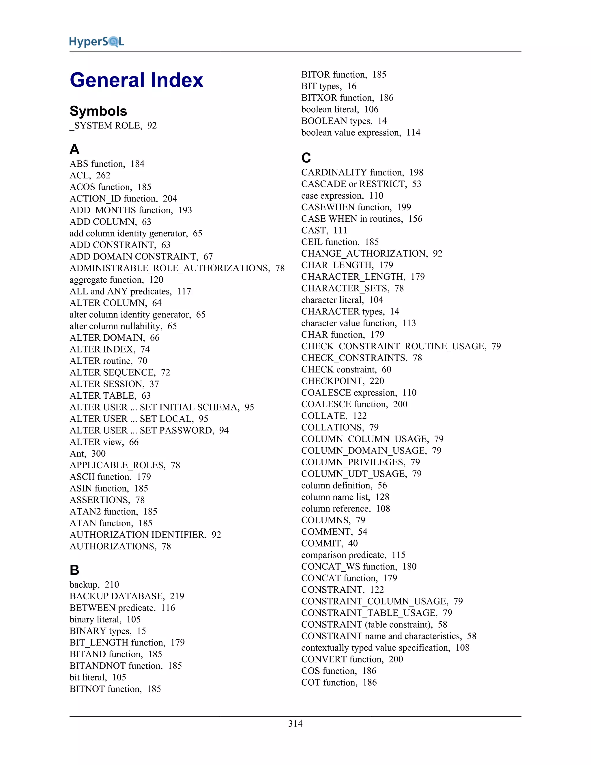 314
General Index
Symbols
_SYSTEM ROLE, 92
A
ABS function, 184
ACL, 262
ACOS function, 185
ACTION_ID function, 204
ADD_MONTHS function, 193
ADD COLUMN, 63
add column identity generator, 65
ADD CONSTRAINT, 63
ADD DOMAIN CONSTRAINT, 67
ADMINISTRABLE_ROLE_AUTHORIZATIONS, 78
aggregate function, 120
ALL and ANY predicates, 117
ALTER COLUMN, 64
alter column identity generator, 65
alter column nullability, 65
ALTER DOMAIN, 66
ALTER INDEX, 74
ALTER routine, 70
ALTER SEQUENCE, 72
ALTER SESSION, 37
ALTER TABLE, 63
ALTER USER ... SET INITIAL SCHEMA, 95
ALTER USER ... SET LOCAL, 95
ALTER USER ... SET PASSWORD, 94
ALTER view, 66
Ant, 300
APPLICABLE_ROLES, 78
ASCII function, 179
ASIN function, 185
ASSERTIONS, 78
ATAN2 function, 185
ATAN function, 185
AUTHORIZATION IDENTIFIER, 92
AUTHORIZATIONS, 78
B
backup, 210
BACKUP DATABASE, 219
BETWEEN predicate, 116
binary literal, 105
BINARY types, 15
BIT_LENGTH function, 179
BITAND function, 185
BITANDNOT function, 185
bit literal, 105
BITNOT function, 185
BITOR function, 185
BIT types, 16
BITXOR function, 186
boolean literal, 106
BOOLEAN types, 14
boolean value expression, 114
C
CARDINALITY function, 198
CASCADE or RESTRICT, 53
case expression, 110
CASEWHEN function, 199
CASE WHEN in routines, 156
CAST, 111
CEIL function, 185
CHANGE_AUTHORIZATION, 92
CHAR_LENGTH, 179
CHARACTER_LENGTH, 179
CHARACTER_SETS, 78
character literal, 104
CHARACTER types, 14
character value function, 113
CHAR function, 179
CHECK_CONSTRAINT_ROUTINE_USAGE, 79
CHECK_CONSTRAINTS, 78
CHECK constraint, 60
CHECKPOINT, 220
COALESCE expression, 110
COALESCE function, 200
COLLATE, 122
COLLATIONS, 79
COLUMN_COLUMN_USAGE, 79
COLUMN_DOMAIN_USAGE, 79
COLUMN_PRIVILEGES, 79
COLUMN_UDT_USAGE, 79
column definition, 56
column name list, 128
column reference, 108
COLUMNS, 79
COMMENT, 54
COMMIT, 40
comparison predicate, 115
CONCAT_WS function, 180
CONCAT function, 179
CONSTRAINT, 122
CONSTRAINT_COLUMN_USAGE, 79
CONSTRAINT_TABLE_USAGE, 79
CONSTRAINT (table constraint), 58
CONSTRAINT name and characteristics, 58
contextually typed value specification, 108
CONVERT function, 200
COS function, 186
COT function, 186
 