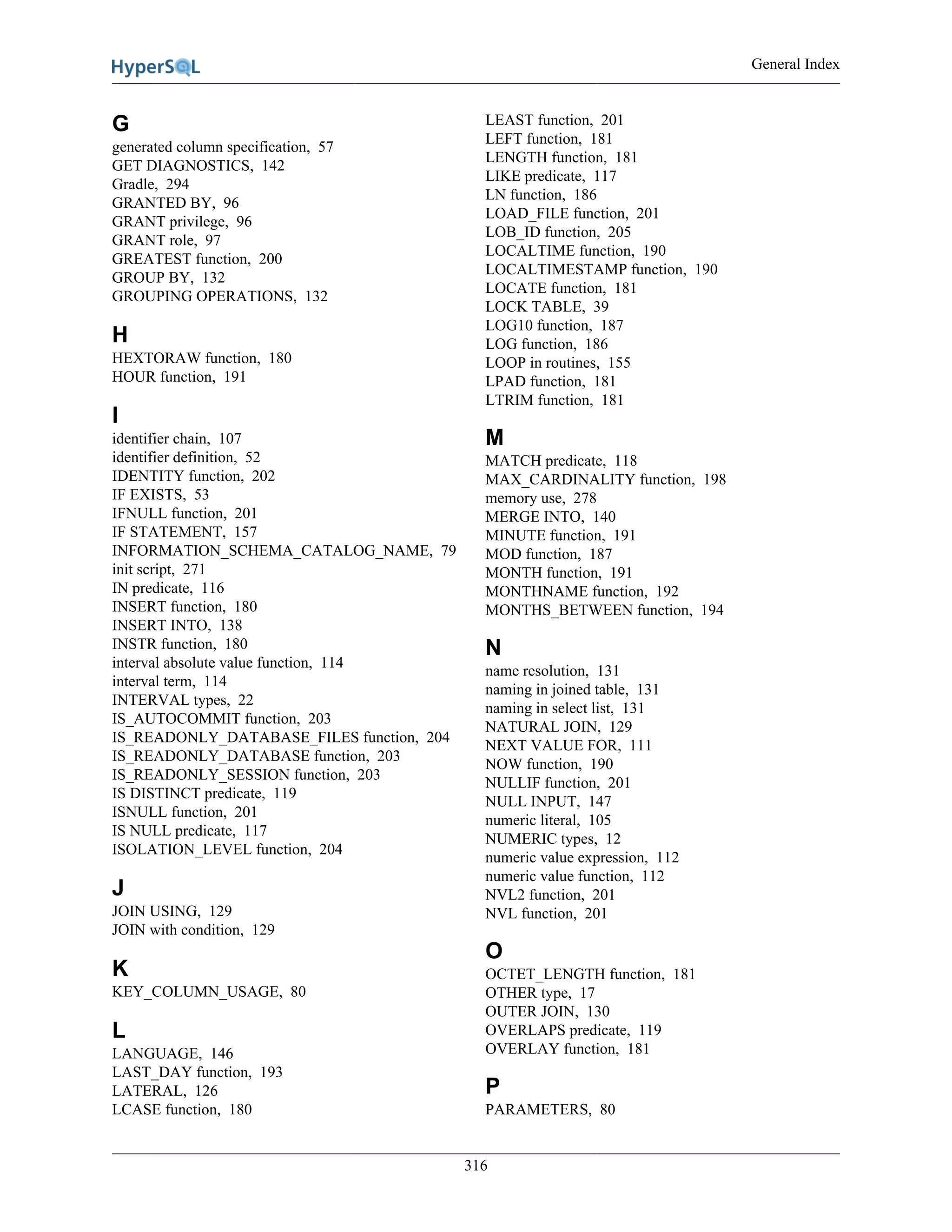 General Index
316
G
generated column specification, 57
GET DIAGNOSTICS, 142
Gradle, 294
GRANTED BY, 96
GRANT privilege, 96
GRANT role, 97
GREATEST function, 200
GROUP BY, 132
GROUPING OPERATIONS, 132
H
HEXTORAW function, 180
HOUR function, 191
I
identifier chain, 107
identifier definition, 52
IDENTITY function, 202
IF EXISTS, 53
IFNULL function, 201
IF STATEMENT, 157
INFORMATION_SCHEMA_CATALOG_NAME, 79
init script, 271
IN predicate, 116
INSERT function, 180
INSERT INTO, 138
INSTR function, 180
interval absolute value function, 114
interval term, 114
INTERVAL types, 22
IS_AUTOCOMMIT function, 203
IS_READONLY_DATABASE_FILES function, 204
IS_READONLY_DATABASE function, 203
IS_READONLY_SESSION function, 203
IS DISTINCT predicate, 119
ISNULL function, 201
IS NULL predicate, 117
ISOLATION_LEVEL function, 204
J
JOIN USING, 129
JOIN with condition, 129
K
KEY_COLUMN_USAGE, 80
L
LANGUAGE, 146
LAST_DAY function, 193
LATERAL, 126
LCASE function, 180
LEAST function, 201
LEFT function, 181
LENGTH function, 181
LIKE predicate, 117
LN function, 186
LOAD_FILE function, 201
LOB_ID function, 205
LOCALTIME function, 190
LOCALTIMESTAMP function, 190
LOCATE function, 181
LOCK TABLE, 39
LOG10 function, 187
LOG function, 186
LOOP in routines, 155
LPAD function, 181
LTRIM function, 181
M
MATCH predicate, 118
MAX_CARDINALITY function, 198
memory use, 278
MERGE INTO, 140
MINUTE function, 191
MOD function, 187
MONTH function, 191
MONTHNAME function, 192
MONTHS_BETWEEN function, 194
N
name resolution, 131
naming in joined table, 131
naming in select list, 131
NATURAL JOIN, 129
NEXT VALUE FOR, 111
NOW function, 190
NULLIF function, 201
NULL INPUT, 147
numeric literal, 105
NUMERIC types, 12
numeric value expression, 112
numeric value function, 112
NVL2 function, 201
NVL function, 201
O
OCTET_LENGTH function, 181
OTHER type, 17
OUTER JOIN, 130
OVERLAPS predicate, 119
OVERLAY function, 181
P
PARAMETERS, 80
 