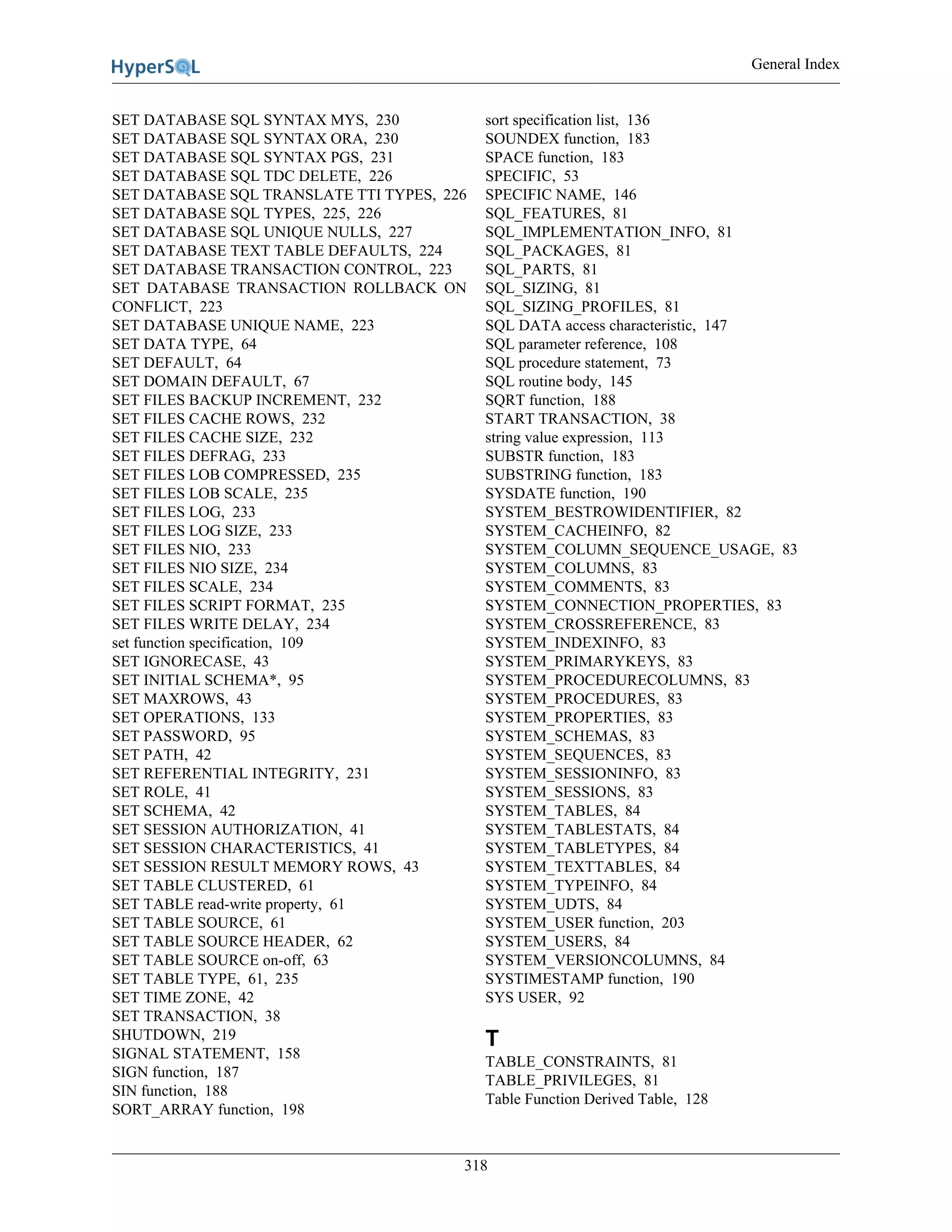 General Index
318
SET DATABASE SQL SYNTAX MYS, 230
SET DATABASE SQL SYNTAX ORA, 230
SET DATABASE SQL SYNTAX PGS, 231
SET DATABASE SQL TDC DELETE, 226
SET DATABASE SQL TRANSLATE TTI TYPES, 226
SET DATABASE SQL TYPES, 225, 226
SET DATABASE SQL UNIQUE NULLS, 227
SET DATABASE TEXT TABLE DEFAULTS, 224
SET DATABASE TRANSACTION CONTROL, 223
SET DATABASE TRANSACTION ROLLBACK ON
CONFLICT, 223
SET DATABASE UNIQUE NAME, 223
SET DATA TYPE, 64
SET DEFAULT, 64
SET DOMAIN DEFAULT, 67
SET FILES BACKUP INCREMENT, 232
SET FILES CACHE ROWS, 232
SET FILES CACHE SIZE, 232
SET FILES DEFRAG, 233
SET FILES LOB COMPRESSED, 235
SET FILES LOB SCALE, 235
SET FILES LOG, 233
SET FILES LOG SIZE, 233
SET FILES NIO, 233
SET FILES NIO SIZE, 234
SET FILES SCALE, 234
SET FILES SCRIPT FORMAT, 235
SET FILES WRITE DELAY, 234
set function specification, 109
SET IGNORECASE, 43
SET INITIAL SCHEMA*, 95
SET MAXROWS, 43
SET OPERATIONS, 133
SET PASSWORD, 95
SET PATH, 42
SET REFERENTIAL INTEGRITY, 231
SET ROLE, 41
SET SCHEMA, 42
SET SESSION AUTHORIZATION, 41
SET SESSION CHARACTERISTICS, 41
SET SESSION RESULT MEMORY ROWS, 43
SET TABLE CLUSTERED, 61
SET TABLE read-write property, 61
SET TABLE SOURCE, 61
SET TABLE SOURCE HEADER, 62
SET TABLE SOURCE on-off, 63
SET TABLE TYPE, 61, 235
SET TIME ZONE, 42
SET TRANSACTION, 38
SHUTDOWN, 219
SIGNAL STATEMENT, 158
SIGN function, 187
SIN function, 188
SORT_ARRAY function, 198
sort specification list, 136
SOUNDEX function, 183
SPACE function, 183
SPECIFIC, 53
SPECIFIC NAME, 146
SQL_FEATURES, 81
SQL_IMPLEMENTATION_INFO, 81
SQL_PACKAGES, 81
SQL_PARTS, 81
SQL_SIZING, 81
SQL_SIZING_PROFILES, 81
SQL DATA access characteristic, 147
SQL parameter reference, 108
SQL procedure statement, 73
SQL routine body, 145
SQRT function, 188
START TRANSACTION, 38
string value expression, 113
SUBSTR function, 183
SUBSTRING function, 183
SYSDATE function, 190
SYSTEM_BESTROWIDENTIFIER, 82
SYSTEM_CACHEINFO, 82
SYSTEM_COLUMN_SEQUENCE_USAGE, 83
SYSTEM_COLUMNS, 83
SYSTEM_COMMENTS, 83
SYSTEM_CONNECTION_PROPERTIES, 83
SYSTEM_CROSSREFERENCE, 83
SYSTEM_INDEXINFO, 83
SYSTEM_PRIMARYKEYS, 83
SYSTEM_PROCEDURECOLUMNS, 83
SYSTEM_PROCEDURES, 83
SYSTEM_PROPERTIES, 83
SYSTEM_SCHEMAS, 83
SYSTEM_SEQUENCES, 83
SYSTEM_SESSIONINFO, 83
SYSTEM_SESSIONS, 83
SYSTEM_TABLES, 84
SYSTEM_TABLESTATS, 84
SYSTEM_TABLETYPES, 84
SYSTEM_TEXTTABLES, 84
SYSTEM_TYPEINFO, 84
SYSTEM_UDTS, 84
SYSTEM_USER function, 203
SYSTEM_USERS, 84
SYSTEM_VERSIONCOLUMNS, 84
SYSTIMESTAMP function, 190
SYS USER, 92
T
TABLE_CONSTRAINTS, 81
TABLE_PRIVILEGES, 81
Table Function Derived Table, 128
 
