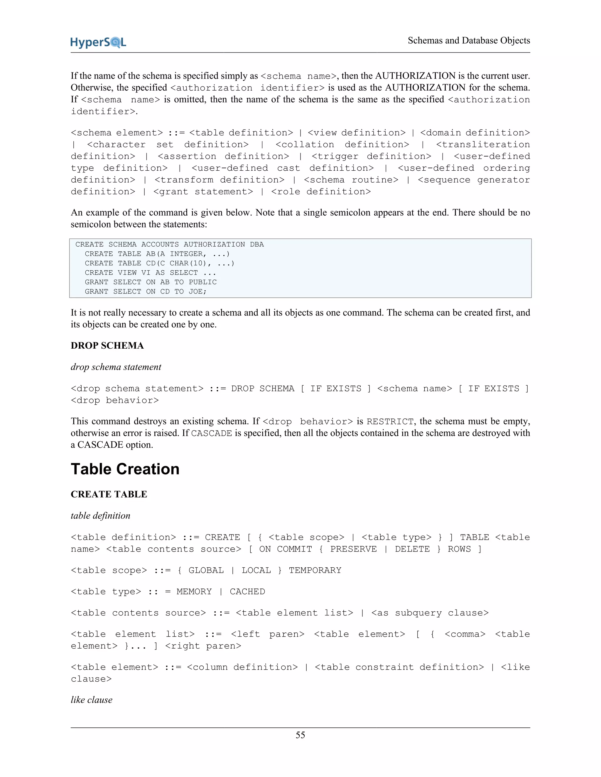 Schemas and Database Objects
55
If the name of the schema is specified simply as <schema name>, then the AUTHORIZATION is the current user.
Otherwise, the specified <authorization identifier> is used as the AUTHORIZATION for the schema.
If <schema name> is omitted, then the name of the schema is the same as the specified <authorization
identifier>.
<schema element> ::= <table definition> | <view definition> | <domain definition>
| <character set definition> | <collation definition> | <transliteration
definition> | <assertion definition> | <trigger definition> | <user-defined
type definition> | <user-defined cast definition> | <user-defined ordering
definition> | <transform definition> | <schema routine> | <sequence generator
definition> | <grant statement> | <role definition>
An example of the command is given below. Note that a single semicolon appears at the end. There should be no
semicolon between the statements:
CREATE SCHEMA ACCOUNTS AUTHORIZATION DBA
CREATE TABLE AB(A INTEGER, ...)
CREATE TABLE CD(C CHAR(10), ...)
CREATE VIEW VI AS SELECT ...
GRANT SELECT ON AB TO PUBLIC
GRANT SELECT ON CD TO JOE;
It is not really necessary to create a schema and all its objects as one command. The schema can be created first, and
its objects can be created one by one.
DROP SCHEMA
drop schema statement
<drop schema statement> ::= DROP SCHEMA [ IF EXISTS ] <schema name> [ IF EXISTS ]
<drop behavior>
This command destroys an existing schema. If <drop behavior> is RESTRICT, the schema must be empty,
otherwise an error is raised. If CASCADE is specified, then all the objects contained in the schema are destroyed with
a CASCADE option.
Table Creation
CREATE TABLE
table definition
<table definition> ::= CREATE [ { <table scope> | <table type> } ] TABLE <table
name> <table contents source> [ ON COMMIT { PRESERVE | DELETE } ROWS ]
<table scope> ::= { GLOBAL | LOCAL } TEMPORARY
<table type> :: = MEMORY | CACHED
<table contents source> ::= <table element list> | <as subquery clause>
<table element list> ::= <left paren> <table element> [ { <comma> <table
element> }... ] <right paren>
<table element> ::= <column definition> | <table constraint definition> | <like
clause>
like clause
 
