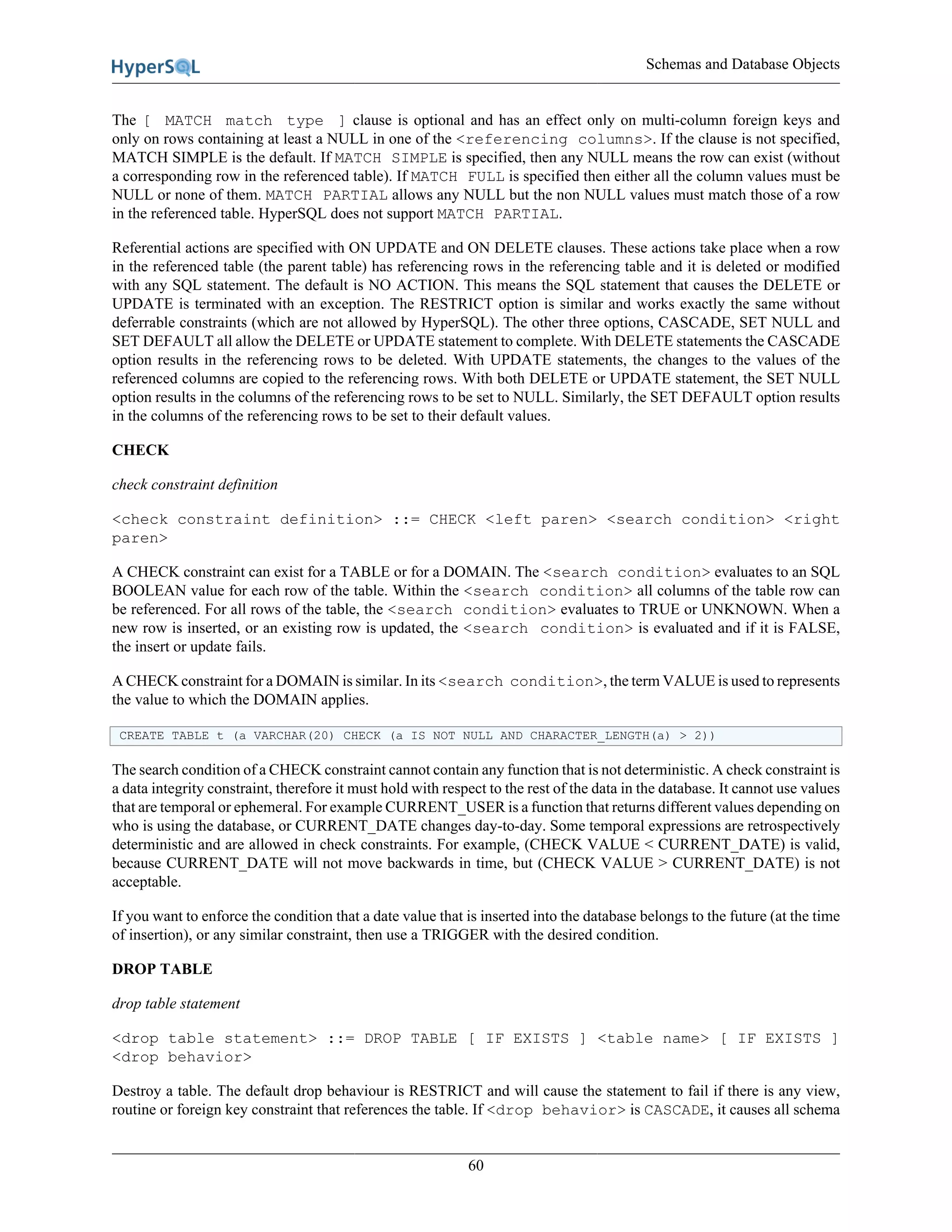 Schemas and Database Objects
60
The [ MATCH match type ] clause is optional and has an effect only on multi-column foreign keys and
only on rows containing at least a NULL in one of the <referencing columns>. If the clause is not specified,
MATCH SIMPLE is the default. If MATCH SIMPLE is specified, then any NULL means the row can exist (without
a corresponding row in the referenced table). If MATCH FULL is specified then either all the column values must be
NULL or none of them. MATCH PARTIAL allows any NULL but the non NULL values must match those of a row
in the referenced table. HyperSQL does not support MATCH PARTIAL.
Referential actions are specified with ON UPDATE and ON DELETE clauses. These actions take place when a row
in the referenced table (the parent table) has referencing rows in the referencing table and it is deleted or modified
with any SQL statement. The default is NO ACTION. This means the SQL statement that causes the DELETE or
UPDATE is terminated with an exception. The RESTRICT option is similar and works exactly the same without
deferrable constraints (which are not allowed by HyperSQL). The other three options, CASCADE, SET NULL and
SET DEFAULT all allow the DELETE or UPDATE statement to complete. With DELETE statements the CASCADE
option results in the referencing rows to be deleted. With UPDATE statements, the changes to the values of the
referenced columns are copied to the referencing rows. With both DELETE or UPDATE statement, the SET NULL
option results in the columns of the referencing rows to be set to NULL. Similarly, the SET DEFAULT option results
in the columns of the referencing rows to be set to their default values.
CHECK
check constraint definition
<check constraint definition> ::= CHECK <left paren> <search condition> <right
paren>
A CHECK constraint can exist for a TABLE or for a DOMAIN. The <search condition> evaluates to an SQL
BOOLEAN value for each row of the table. Within the <search condition> all columns of the table row can
be referenced. For all rows of the table, the <search condition> evaluates to TRUE or UNKNOWN. When a
new row is inserted, or an existing row is updated, the <search condition> is evaluated and if it is FALSE,
the insert or update fails.
A CHECK constraint for a DOMAIN is similar. In its <search condition>, the term VALUE is used to represents
the value to which the DOMAIN applies.
CREATE TABLE t (a VARCHAR(20) CHECK (a IS NOT NULL AND CHARACTER_LENGTH(a) > 2))
The search condition of a CHECK constraint cannot contain any function that is not deterministic. A check constraint is
a data integrity constraint, therefore it must hold with respect to the rest of the data in the database. It cannot use values
that are temporal or ephemeral. For example CURRENT_USER is a function that returns different values depending on
who is using the database, or CURRENT_DATE changes day-to-day. Some temporal expressions are retrospectively
deterministic and are allowed in check constraints. For example, (CHECK VALUE < CURRENT_DATE) is valid,
because CURRENT_DATE will not move backwards in time, but (CHECK VALUE > CURRENT_DATE) is not
acceptable.
If you want to enforce the condition that a date value that is inserted into the database belongs to the future (at the time
of insertion), or any similar constraint, then use a TRIGGER with the desired condition.
DROP TABLE
drop table statement
<drop table statement> ::= DROP TABLE [ IF EXISTS ] <table name> [ IF EXISTS ]
<drop behavior>
Destroy a table. The default drop behaviour is RESTRICT and will cause the statement to fail if there is any view,
routine or foreign key constraint that references the table. If <drop behavior> is CASCADE, it causes all schema
 