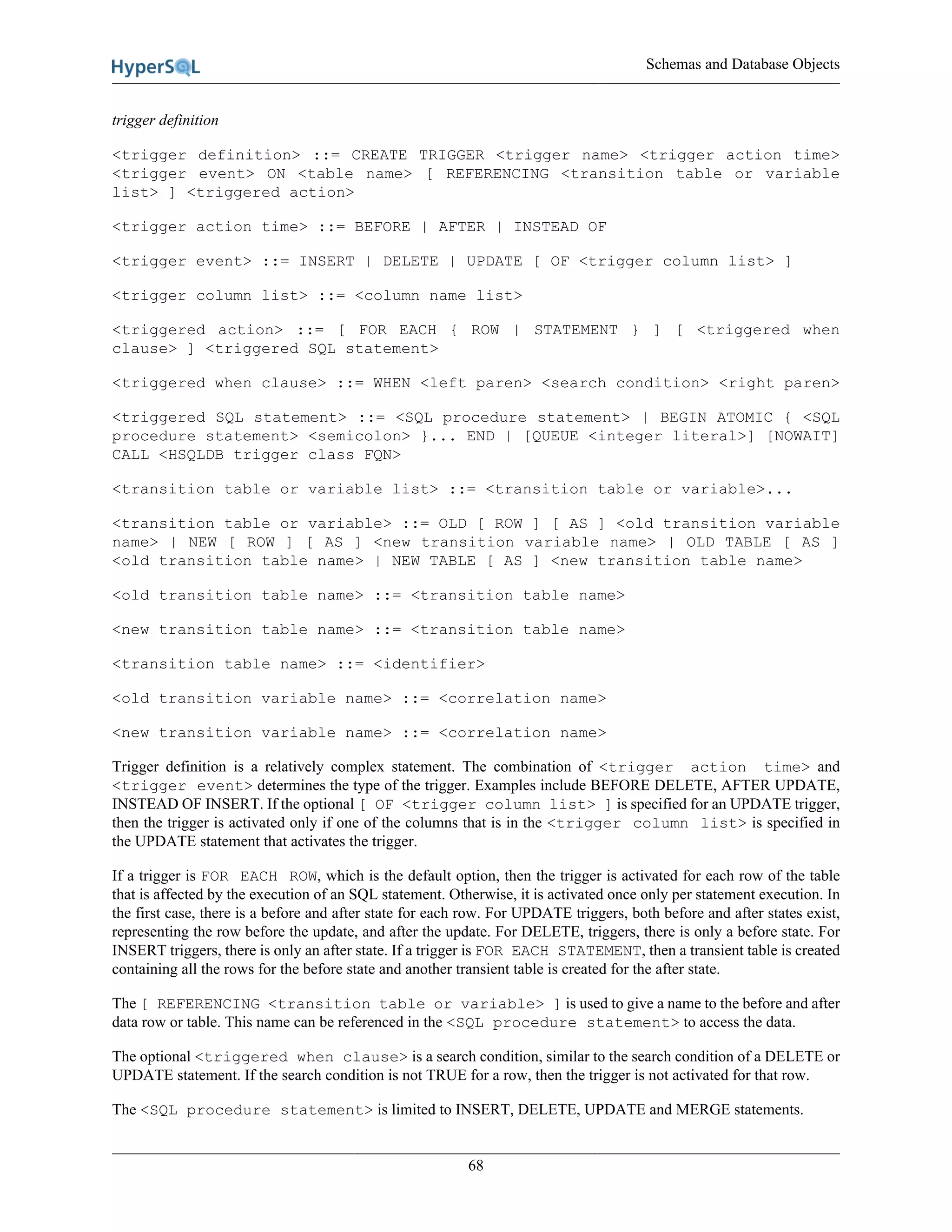 Schemas and Database Objects
68
trigger definition
<trigger definition> ::= CREATE TRIGGER <trigger name> <trigger action time>
<trigger event> ON <table name> [ REFERENCING <transition table or variable
list> ] <triggered action>
<trigger action time> ::= BEFORE | AFTER | INSTEAD OF
<trigger event> ::= INSERT | DELETE | UPDATE [ OF <trigger column list> ]
<trigger column list> ::= <column name list>
<triggered action> ::= [ FOR EACH { ROW | STATEMENT } ] [ <triggered when
clause> ] <triggered SQL statement>
<triggered when clause> ::= WHEN <left paren> <search condition> <right paren>
<triggered SQL statement> ::= <SQL procedure statement> | BEGIN ATOMIC { <SQL
procedure statement> <semicolon> }... END | [QUEUE <integer literal>] [NOWAIT]
CALL <HSQLDB trigger class FQN>
<transition table or variable list> ::= <transition table or variable>...
<transition table or variable> ::= OLD [ ROW ] [ AS ] <old transition variable
name> | NEW [ ROW ] [ AS ] <new transition variable name> | OLD TABLE [ AS ]
<old transition table name> | NEW TABLE [ AS ] <new transition table name>
<old transition table name> ::= <transition table name>
<new transition table name> ::= <transition table name>
<transition table name> ::= <identifier>
<old transition variable name> ::= <correlation name>
<new transition variable name> ::= <correlation name>
Trigger definition is a relatively complex statement. The combination of <trigger action time> and
<trigger event> determines the type of the trigger. Examples include BEFORE DELETE, AFTER UPDATE,
INSTEAD OF INSERT. If the optional [ OF <trigger column list> ] is specified for an UPDATE trigger,
then the trigger is activated only if one of the columns that is in the <trigger column list> is specified in
the UPDATE statement that activates the trigger.
If a trigger is FOR EACH ROW, which is the default option, then the trigger is activated for each row of the table
that is affected by the execution of an SQL statement. Otherwise, it is activated once only per statement execution. In
the first case, there is a before and after state for each row. For UPDATE triggers, both before and after states exist,
representing the row before the update, and after the update. For DELETE, triggers, there is only a before state. For
INSERT triggers, there is only an after state. If a trigger is FOR EACH STATEMENT, then a transient table is created
containing all the rows for the before state and another transient table is created for the after state.
The [ REFERENCING <transition table or variable> ] is used to give a name to the before and after
data row or table. This name can be referenced in the <SQL procedure statement> to access the data.
The optional <triggered when clause> is a search condition, similar to the search condition of a DELETE or
UPDATE statement. If the search condition is not TRUE for a row, then the trigger is not activated for that row.
The <SQL procedure statement> is limited to INSERT, DELETE, UPDATE and MERGE statements.
 