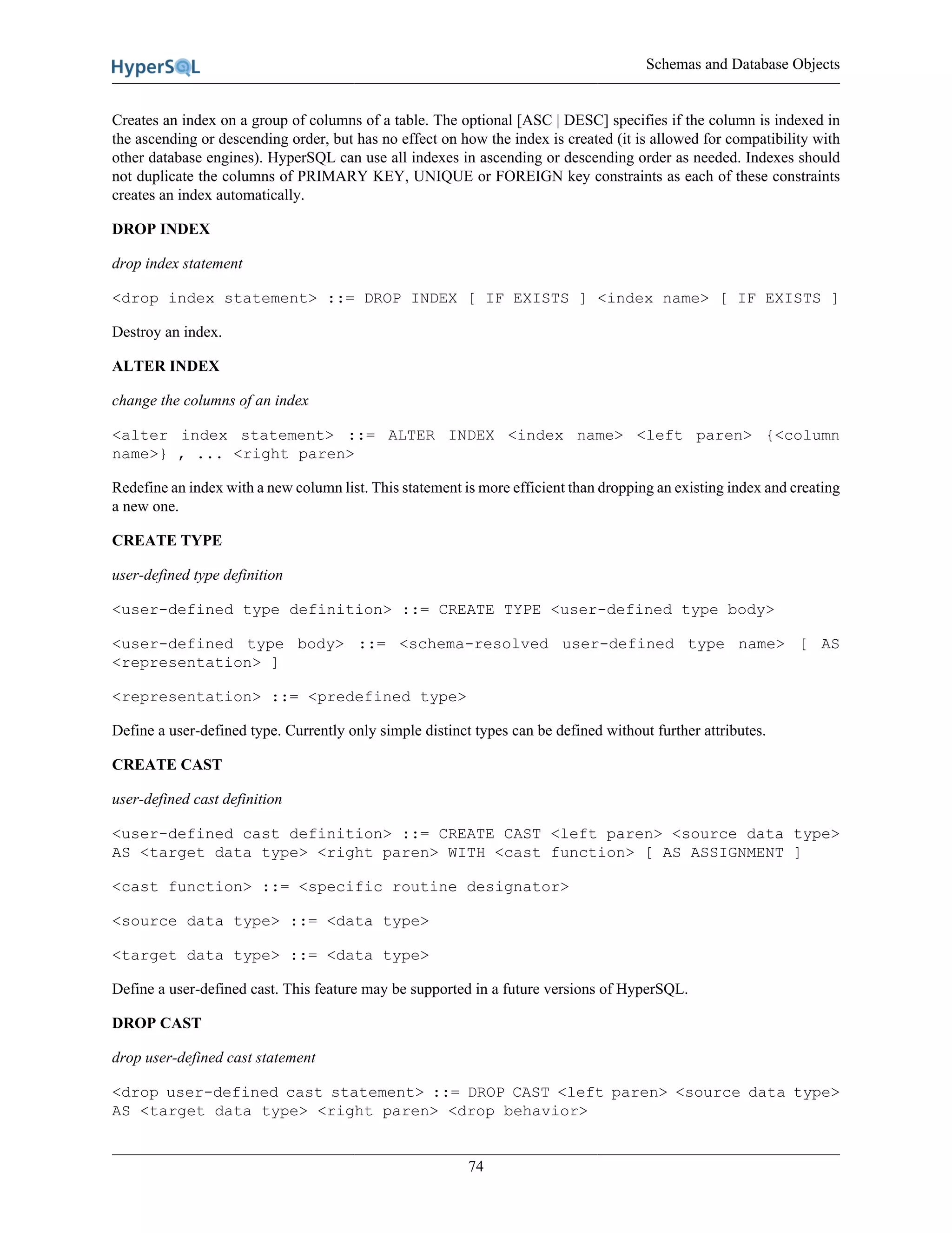 Schemas and Database Objects
74
Creates an index on a group of columns of a table. The optional [ASC | DESC] specifies if the column is indexed in
the ascending or descending order, but has no effect on how the index is created (it is allowed for compatibility with
other database engines). HyperSQL can use all indexes in ascending or descending order as needed. Indexes should
not duplicate the columns of PRIMARY KEY, UNIQUE or FOREIGN key constraints as each of these constraints
creates an index automatically.
DROP INDEX
drop index statement
<drop index statement> ::= DROP INDEX [ IF EXISTS ] <index name> [ IF EXISTS ]
Destroy an index.
ALTER INDEX
change the columns of an index
<alter index statement> ::= ALTER INDEX <index name> <left paren> {<column
name>} , ... <right paren>
Redefine an index with a new column list. This statement is more efficient than dropping an existing index and creating
a new one.
CREATE TYPE
user-defined type definition
<user-defined type definition> ::= CREATE TYPE <user-defined type body>
<user-defined type body> ::= <schema-resolved user-defined type name> [ AS
<representation> ]
<representation> ::= <predefined type>
Define a user-defined type. Currently only simple distinct types can be defined without further attributes.
CREATE CAST
user-defined cast definition
<user-defined cast definition> ::= CREATE CAST <left paren> <source data type>
AS <target data type> <right paren> WITH <cast function> [ AS ASSIGNMENT ]
<cast function> ::= <specific routine designator>
<source data type> ::= <data type>
<target data type> ::= <data type>
Define a user-defined cast. This feature may be supported in a future versions of HyperSQL.
DROP CAST
drop user-defined cast statement
<drop user-defined cast statement> ::= DROP CAST <left paren> <source data type>
AS <target data type> <right paren> <drop behavior>
 