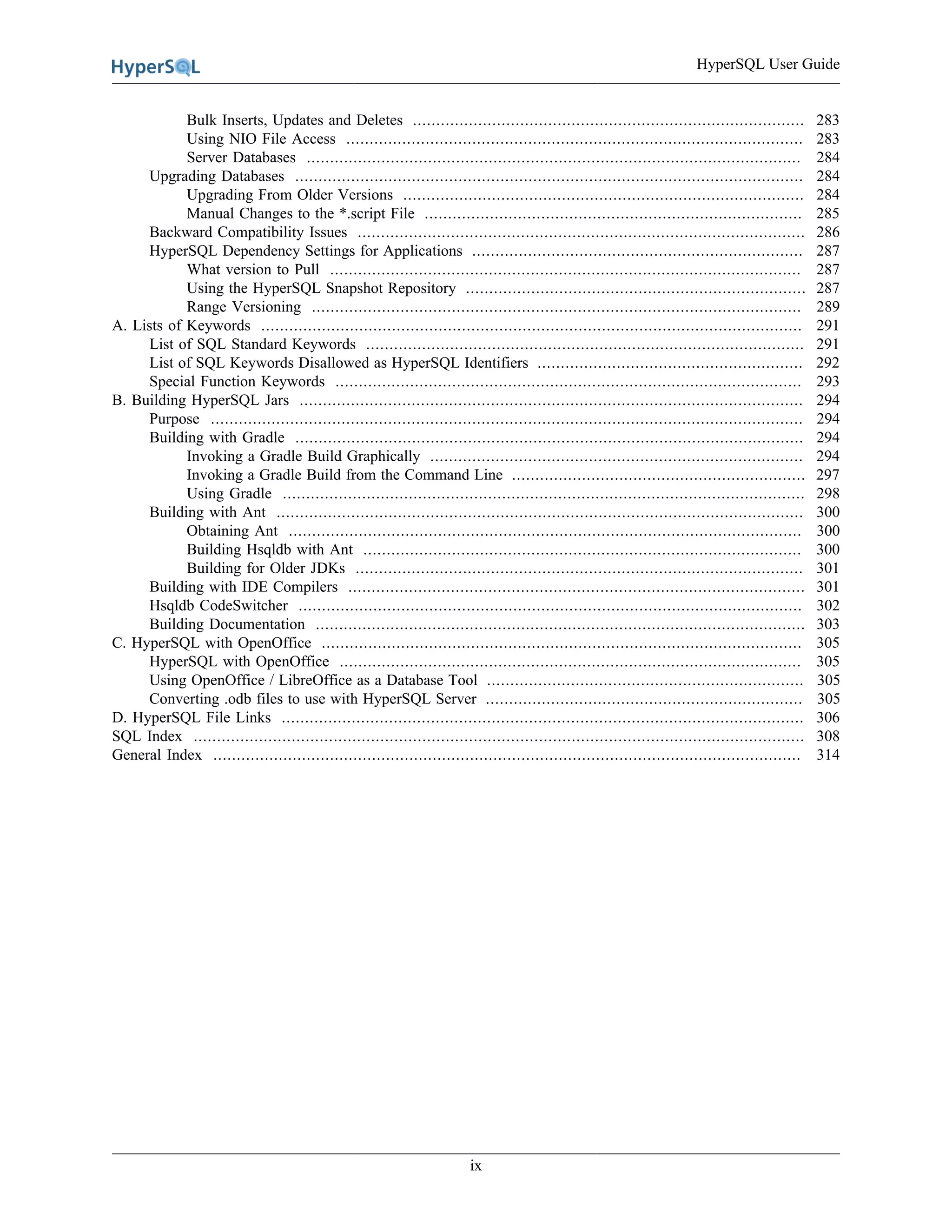 HyperSQL User Guide
ix
Bulk Inserts, Updates and Deletes .................................................................................... 283
Using NIO File Access .................................................................................................. 283
Server Databases .......................................................................................................... 284
Upgrading Databases ............................................................................................................. 284
Upgrading From Older Versions ...................................................................................... 284
Manual Changes to the *.script File ................................................................................. 285
Backward Compatibility Issues ................................................................................................ 286
HyperSQL Dependency Settings for Applications ....................................................................... 287
What version to Pull ..................................................................................................... 287
Using the HyperSQL Snapshot Repository ......................................................................... 287
Range Versioning ......................................................................................................... 289
A. Lists of Keywords .................................................................................................................... 291
List of SQL Standard Keywords .............................................................................................. 291
List of SQL Keywords Disallowed as HyperSQL Identifiers ......................................................... 292
Special Function Keywords .................................................................................................... 293
B. Building HyperSQL Jars ............................................................................................................ 294
Purpose ............................................................................................................................... 294
Building with Gradle ............................................................................................................. 294
Invoking a Gradle Build Graphically ................................................................................ 294
Invoking a Gradle Build from the Command Line ............................................................... 297
Using Gradle ................................................................................................................ 298
Building with Ant ................................................................................................................. 300
Obtaining Ant .............................................................................................................. 300
Building Hsqldb with Ant .............................................................................................. 300
Building for Older JDKs ................................................................................................ 301
Building with IDE Compilers .................................................................................................. 301
Hsqldb CodeSwitcher ............................................................................................................ 302
Building Documentation ......................................................................................................... 303
C. HyperSQL with OpenOffice ....................................................................................................... 305
HyperSQL with OpenOffice ................................................................................................... 305
Using OpenOffice / LibreOffice as a Database Tool .................................................................... 305
Converting .odb files to use with HyperSQL Server .................................................................... 305
D. HyperSQL File Links ................................................................................................................ 306
SQL Index ................................................................................................................................... 308
General Index .............................................................................................................................. 314
 