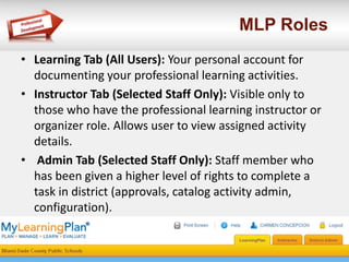MLP Roles
• Learning Tab (All Users): Your personal account for
documenting your professional learning activities.
• Instructor Tab (Selected Staff Only): Visible only to
those who have the professional learning instructor or
organizer role. Allows user to view assigned activity
details.
• Admin Tab (Selected Staff Only): Staff member who
has been given a higher level of rights to complete a
task in district (approvals, catalog activity admin,
configuration).
 