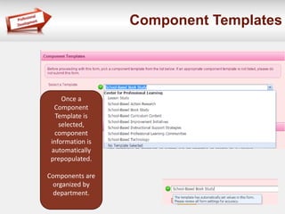 Component Templates
Once a
Component
Template is
selected,
component
information is
automatically
prepopulated.
Components are
organized by
department.
 