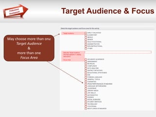 Target Audience & Focus
May choose more than one
Target Audience
&
more than one
Focus Area
 