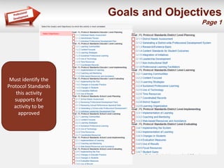 Goals and Objectives
Page 1
Must identify the
Protocol Standards
this activity
supports for
activity to be
approved
 
