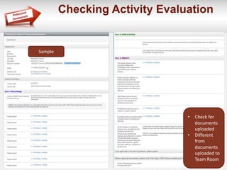 Checking Activity Evaluation
Sample
• Check for
documents
uploaded
• Different
from
documents
uploaded to
Team Room
 