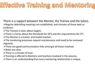 There is a rapport between the Mentor, the Trainee and the tutors.
Regular debriefing meetings are established, and minutes of these kept as
evidence.
The Trainee is clear about targets.
There is clarity about the Standards for QTS and the requirements for ITT.
The Mentor is a trainer and model teacher.
The mentoring processes require maintenance and need to be reviewed
regularly.
There are good communication links amongst all those involved.
Roles are clear.
There is a climate of trust.
Training is offered to Mentors and teachers involved in the process.
There is an understanding that every mentoring relationship is unique.
 