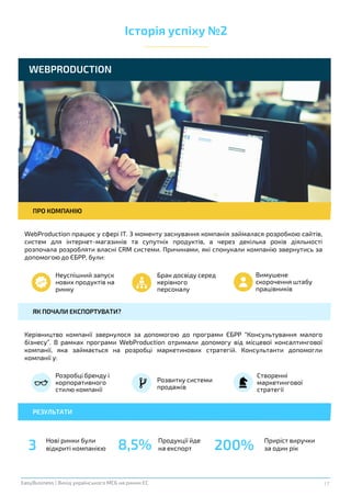 17EasyBusiness | Вихід українського МСБ на ринки ЄС
WEBPRODUCTION
Керівництво компанії звернулося за допомогою до програми ЄБРР “Консультування малого
бізнесу”. В рамках програми WebProduction отримали допомогу від місцевої консалтингової
компанії, яка займається на розробці маркетинових стратегій. Консультанти допомогли
компанії у:
ПРО КОМПАНІЮ
РЕЗУЛЬТАТИ
Нові ринки були
відкриті компанією3 8,5% Продукції йде
на експорт
Приріст виручки
за один рік200%
Неуспішний запуск
нових продуктів на
ринку
Брак досвіду серед
керівного
персоналу
Вимушене
скорочення штабу
працівників
Розробці бренду і
корпоративного
стилю компанії
Розвитку системи
продажів
Створенні
маркетингової
стратегії
Історія успіху №2
ЯК ПОЧАЛИ ЕКСПОРТУВАТИ?
WebProduction працює у сфері IT. З моменту заснування компанія займалася розробкою сайтів,
систем для інтернет-магазинів та супутніх продуктів, а через декілька років діяльності
розпочала розробляти власні CRM системи. Причинами, які спонукали компанію звернутись за
допомогою до ЄБРР, були:
 