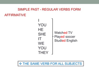 SIMPLE PAST - REGULAR VERBS FORM
I
YOU
HE
SHE
IT
WE
YOU
THEY
Watched TV
Played soccer
Studied English
 THE SAME VERB FOR ALL SUBJECTS
AFFIRMATIVE
 