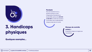 3. Handicaps physiques
3. Handicaps
physiques
Quelques exemples...
Paralysie
Perte de motricité d’une ou
plusieurs parties du corps.
L’Organisation Mondiale de la
Santé (OMS), estime entre 250 000
et 500 000 le nombre de nouveaux
cas de lésion de la moelle épinière,
chaque année dans le monde.
Manque de contrôle
moteur :
Incapacité à diriger et à réguler ses
mouvements.
Le guide de l’accessibilité numérique 25
 