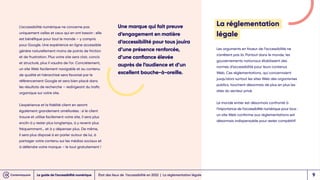 L’accessibilité numérique ne concerne pas
uniquement celles et ceux qui en ont besoin : elle
est bénéfique pour tout le monde – y compris
pour Google. Une expérience en ligne accessible
génère naturellement moins de points de friction
et de frustration. Plus votre site sera clair, concis
et structuré, plus il vaudra de l’or. Concrètement,
un site Web facilement navigable et au contenu
de qualité et hiérarchisé sera favorisé par le
référencement Google et sera bien placé dans
les résultats de recherche – redirigeant du trafic
organique sur votre site.
L’expérience et la fidélité client en seront
également grandement améliorées : si le client
trouve et utilise facilement votre site, il sera plus
enclin à y rester plus longtemps, à y revenir plus
fréquemment… et à y dépenser plus. De même,
il sera plus disposé à en parler autour de lui, à
partager votre contenu sur les médias sociaux et
à défendre votre marque – le tout gratuitement !
Une marque qui fait preuve
d’engagement en matière
d’accessibilité pour tous jouira
d’une présence renforcée,
d’une confiance élevée
auprès de l’audience et d’un
excellent bouche-à-oreille.
La réglementation
légale
Les arguments en faveur de l’accessibilité ne
s’arrêtent pas là. Partout dans le monde, les
gouvernements nationaux établissent des
normes d’accessibilité pour leurs contenus
Web. Ces réglementations, qui concernaient
jusqu’alors surtout les sites Web des organismes
publics, touchent désormais de plus en plus les
sites du secteur privé.
Le monde entier est désormais confronté à
l’importance de l’accessibilité numérique pour tous :
un site Web conforme aux réglementations est
désormais indispensable pour rester compétitif.
État des lieux de l’accessibilité en 2022 | La réglementation légale
Le guide de l’accessibilité numérique 9
 