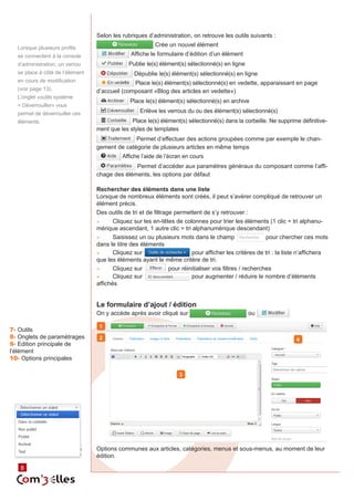 8 8 
Selon les rubriques d’administration, on retrouve les outils suivants : 
Crée un nouvel élément 
Affiche le formulaire d’édition d’un élément 
Publie le(s) élément(s) sélectionné(s) en ligne 
Dépublie le(s) élément(s) sélectionné(s) en ligne 
Place le(s) élément(s) sélectionné(s) en vedette, apparaissant en page 
d’accueil (composant «Blog des articles en vedette») 
Place le(s) élément(s) sélectionné(s) en archive 
Enlève les verrous du ou des élément(s) sélectionné(s) 
Place le(s) élément(s) sélectionné(s) dans la corbeille. Ne supprime définitive-ment 
que les styles de templates 
Permet d’effectuer des actions groupées comme par exemple le chan-gement 
de catégorie de plusieurs articles en même temps 
Affiche l’aide de l’écran en cours 
Permet d’accéder aux paramètres généraux du composant comme l’affi-chage 
des éléments, les options par défaut 
Rechercher des éléments dans une liste 
Lorsque de nombreux éléments sont créés, il peut s’avérer compliqué de retrouver un 
élément précis. 
Des outils de tri et de filtrage permettent de s’y retrouver : 
►► Cliquez sur les en-têtes de colonnes pour trier les éléments (1 clic = tri alphanu-mérique 
ascendant, 1 autre clic = tri alphanumérique descendant) 
►► Saisissez un ou plusieurs mots dans le champ pour chercher ces mots 
dans le titre des éléments 
►► Cliquez sur pour afficher les critères de tri : la liste n’affichera 
que les éléments ayant le même critère de tri. 
►► Cliquez sur pour réinitialiser vos filtres / recherches 
►► Cliquez sur pour augmenter / réduire le nombre d’éléments 
affichés 
Le formulaire d’ajout / édition 
On y accède après avoir cliqué sur ou 
Options communes aux articles, catégories, menus et sous-menus, au moment de leur 
édition. 
1 
2 
3 
4 
7- Outils 
8- Onglets de paramétrages 
9- Edition principale de 
l’élément 
10- Options principales 
Lorsque plusieurs profils 
se connectent à la console 
d’administration, un verrou 
se place à côté de l’élément 
en cours de modification 
(voir page 13). 
L’onglet «outils système 
> Déverrouiller» vous 
permet de déverrouiller ces 
éléments. 
 
