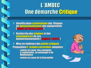 L ’AMDECL ’AMDEC
Une démarcheUne démarche CritiqueCritique
 IdentificationIdentification systématiquesystématique des Risquesdes Risques
dede dysfonctionnementdysfonctionnement des équipementsdes équipements
((MODES DE DEFAILLANCESMODES DE DEFAILLANCES))
 Recherche desRecherche des originesorigines et deset des
conséquencesconséquences de cesde ces
dysfonctionnements (dysfonctionnements ( CAUSES / EFFETSCAUSES / EFFETS ))
 Mise en évidence desMise en évidence des points critiquespoints critiques
PropositionProposition dd  ’ actions correctives’ actions correctives adaptées:adaptées:
• remise en cause des consignesremise en cause des consignes
d ’exploitation , de nettoyage et ded ’exploitation , de nettoyage et de
MaintenanceMaintenance
• remise en cause de la Conceptionremise en cause de la Conception
 
