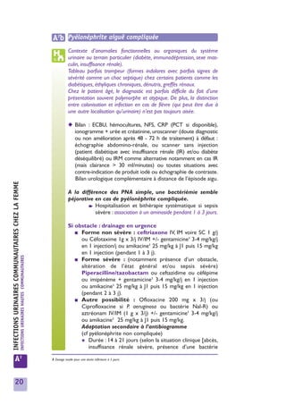 A2b Pyélonéphrite aiguë compliquée
                                                                                                             Contexte d’anomalies fonctionnelles ou organiques du système
                                                                                                             urinaire ou terrain particulier (diabète, immunodépression, sexe mas-
                                                                                                             culin, insuffisance rénale).
                                                                                                             Tableau parfois trompeur (formes indolores avec parfois signes de
                                                                                                             sévérité comme un choc septique) chez certains patients comme les
                                                                                                             diabétiques, éthyliques chroniques, dénutris, greffés rénaux.
                                                                                                             Chez le patient âgé, le diagnostic est parfois difficile du fait d’une
                                                                                                             présentation souvent polymorphe et atypique. De plus, la distinction
                                                                                                             entre colonisation et infection en cas de fièvre (qui peut être due à
                                                                                                             une autre localisation qu’urinaire) n’est pas toujours aisée.

                                                                                                             ◆ Bilan : ECBU, hémocultures, NFS, CRP (PCT si disponible),
                                                                                                               ionogramme + urée et créatinine, uroscanner (doute diagnostic
                                                                                                               ou non amélioration après 48 - 72 h de traitement) à défaut :
                                                                                                               échographie abdomino-rénale, ou scanner sans injection
                                                                                                               (patient diabétique avec insuffisance rénale (IR) et/ou diabète
                                                                                                               déséquilibré) ou IRM comme alternative notamment en cas IR
                                                                                                               (mais clairance > 30 ml/minutes) ou toutes situations avec
                                                                                                               contre-indication de produit iodé ou échographie de contraste.
                                                                                                               Bilan urologique complémentaire à distance de l’épisode aigu.
INFECTIONS URINAIRES COMMUNAUTAIRES CHEZ LA FEMME




                                                                                                             A la différence des PNA simple, une bactériémie semble
                                                                                                             péjorative en cas de pyélonéphrite compliquée.
                                                                                                                     ➧ Hospitalisation et bithérapie systématique si sepsis

                                                                                                                        sévère : association à un aminoside pendant 1 à 3 jours.

                                                                                                             Si obstacle : drainage en urgence
                                                                                                                ■ Forme non sévère : ceftriaxone IV, IM voire SC 1 g/j
                                                                                                                  ou Céfotaxime 1g x 3/j IV/IM +/- gentamicine1 3-4 mg/kg/j
                                                                                                                  en 1 injection/j ou amikacine1 25 mg/kg à J1 puis 15 mg/kg
                                                                                                                  en 1 injection (pendant 1 à 3 j).
                                                    INFECTIONS URINAIRES HAUTES COMMUNAUTAIRES




                                                                                                                ■ Forme sévère : (notamment présence d’un obstacle,
                                                                                                                  altération de l’état général et/ou sepsis sévère)
                                                                                                                  Piperacilline/tazobactam ou ceftazidime ou céfépime
                                                                                                                  ou imipénème + gentamicine1 3-4 mg/kg/j en 1 injection
                                                                                                                  ou amikacine1 25 mg/kg à J1 puis 15 mg/kg en 1 injection
                                                                                                                  (pendant 2 à 3 j).
                                                                                                                ■ Autre possibilité : Ofloxacine 200 mg x 3/j (ou
                                                                                                                  Ciprofloxacine si P. aeruginosa ou bactérie Nal-R) ou
                                                                                                                  aztréonam IV/IM (1 g x 3/j) +/- gentamicine1 3-4 mg/kg/j
                                                                                                                  ou amikacine1 25 mg/kg à J1 puis 15 mg/kg.
                                                                                                                  Adaptation secondaire à l’antibiogramme
                                                                                                                  (cf pyélonéphrite non compliquée)
                                                                                                                  ✱ Durée : 14 à 21 jours (selon la situation clinique [abcès,
                                                                                                                      insuffisance rénale sévère, présence d’une bactérie

            A2                                                                                   1 Dosage inutile pour une durée inférieure à 5 jours.




            20
 
