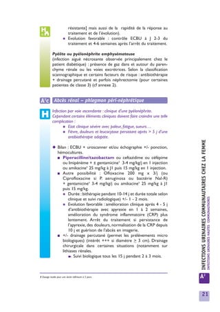 résistante]          mais aussi de la rapidité de la réponse au
                            traitement           et de l’évolution).
                       ✱    Evolution            favorable : contrôle ECBU à J 2-3 du
                            traitement           et 4-6 semaines après l’arrêt du traitement.

            Pyélite ou pyélonéphrite emphysémateuse
            (infection aiguë nécrosante observée principalement chez le
            patient diabétique) : présence de gaz dans et autour du paren-
            chyme rénale ou les voies excrétrices. Selon la classification
            scannographique et certains facteurs de risque : antibiothérapie
            + drainage percutané et parfois néphrectomie (pour certaines
            patientes de classe 3) (cf annexe 2).


 A2c Abcès rénal – phlegmon péri-néphrétique
            Infection par voie ascendante : clinique d’une pyélonéphrite.
            Cependant certains éléments cliniques doivent faire craindre une telle
            complication :
                   ✱ Etat clinique sévère avec paleur, fatigue, sueurs…
                   ✱ Fièvre, douleurs et leucocytose persistant après > 5 j d’une
                      antibiothérapie adaptée.




                                                                                                INFECTIONS URINAIRES COMMUNAUTAIRES CHEZ LA FEMME
            ◆ Bilan : ECBU + uroscanner et/ou échographie +/- ponction,
              hémocultures.
              ■ Piperacilline/tazobactam ou ceftazidime ou céfépime
                 ou Imipénème + ± gentamicine1 3-4 mg/kg/j en 1 injection
                 ou amikacine1 25 mg/kg à J1 puis 15 mg/kg en 1 injection.
              ■ Autre possibilité : Ofloxacine 200 mg x 3/j (ou
                 Ciprofloxacine si P. aeruginosa ou bactérie Nal-R)
                 + gentamicine1 3-4 mg/kg/j ou amikacine1 25 mg/kg à J1
                 puis 15 mg/kg.
                 ✱ Durée : bithérapie pendant 10-14 j et durée totale selon



                                                                                                                                                    INFECTIONS URINAIRES HAUTES COMMUNAUTAIRES
                     clinique et suivi radiologique) +/- 1 - 2 mois.
                 ✱ Evolution favorable : amélioration clinique après 4 - 5 j
                     d’antibiothérapie avec apyrexie en 1 à 2 semaines,
                     amélioration du syndrome inflammatoire (CRP) plus
                     lentement. Arrêt du traitement si persistance de
                     l’apyrexie, des douleurs, normalisation de la CRP depuis
                     10 j et guérison de l’abcès en imagerie.
              ■ +/- drainage percutané (permet les prélèvements micro
                 biologiques) (intérêt +++ si diamètre > 3 cm). Drainage
                 chirurgicale dans certaines situations (notamment sur
                 lithiases rénales.
                     ➧ Suivi biologique tous les 15 j pendant 2 à 3 mois.




1 Dosage inutile pour une durée inférieure à 5 jours.                                           A2


                                                                                                  21
 