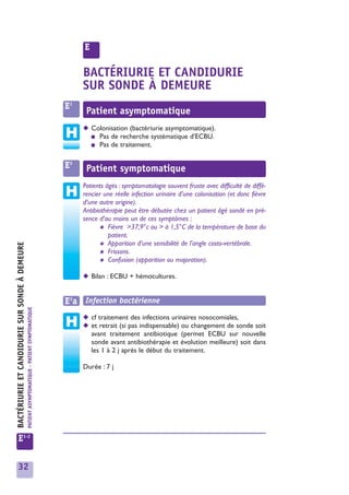 E

                                                                                                      BACTÉRIURIE ET CANDIDURIE
                                                                                                      SUR SONDE À DEMEURE
                                                                                                 E1
                                                                                                       Patient asymptomatique
                                                                                                      ◆ Colonisation (bactériurie asymptomatique).
                                                                                                        ■ Pas de recherche systématique d’ECBU.
                                                                                                        ■ Pas de traitement.



                                                                                                 E2    Patient symptomatique
                                                                                                      Patients âgés : symptomatologie souvent fruste avec difficulté de diffé-
                                                                                                      rencier une réelle infection urinaire d’une colonisation (et donc fièvre
                                                                                                      d’une autre origine).
                                                                                                      Antibiothérapie peut être débutée chez un patient âgé sondé en pré-
                                                                                                      sence d’au moins un de ces symptômes :
                                                                                                             ✱ Fièvre >37,9°c ou > à 1,5°C de la température de base du
                                                                                                                patient.
                                                                                                             ✱ Apparition d’une sensibilité de l’angle costo-vertébrale.
BACTÉRIURIE ET CANDIDURIE SUR SONDE À DEMEURE




                                                                                                             ✱ Frissons.
                                                                                                             ✱ Confusion (apparition ou majoration).


                                                                                                      ◆ Bilan : ECBU + hémocultures.


                                                                                                 E2a Infection bactérienne
                                                PATIENT ASYMPTOMATIQUE - PATIENT SYMPTOMATIQUE




                                                                                                      ◆ cf traitement des infections urinaires nosocomiales,
                                                                                                      ◆ et retrait (si pas indispensable) ou changement de sonde soit
                                                                                                        avant traitement antibiotique (permet ECBU sur nouvelle
                                                                                                        sonde avant antibiothérapie et évolution meilleure) soit dans
                                                                                                        les 1 à 2 j après le début du traitement.

                                                                                                      Durée : 7 j




    E1-2


    32
 