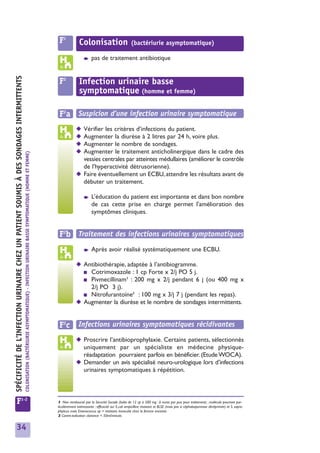 F1            Colonisation                          (bactériurie asymptomatique)

                                                                                                                                                                                                                  ➧     pas de traitement antibiotique
SPÉCIFICITÉ DE L'INFECTION URINAIRE CHEZ UN PATIENT SOUMIS À DES SONDAGES INTERMITTENTS




                                                                                                                                                                                                 F2            Infection urinaire basse
                                                                                                                                                                                                               symptomatique (homme et femme)

                                                                                                                                                                                                 F2a Suspicion d’une infection urinaire symptomatique
                                                                                                                                                                                                             ◆ Vérifier les critères d’infections du patient.
                                                                                                                                                                                                             ◆ Augmenter la diurèse à 2 litres par 24 h, voire plus.
                                                                                                                                                                                                             ◆ Augmenter le nombre de sondages.
                                                                                                                                                                                                             ◆ Augmenter le traitement anticholinergique dans le cadre des
                                                                                          COLONISATION (BACTÉRIURIE ASYMPTOMATIQUE) - INFECTION URINAIRE BASSE SYMPTOMATIQUE (HOMME ET FEMME)




                                                                                                                                                                                                               vessies centrales par atteintes médullaires (améliorer le contrôle
                                                                                                                                                                                                               de l'hyperactivité détrusorienne).
                                                                                                                                                                                                             ◆ Faire éventuellement un ECBU, attendre les résultats avant de
                                                                                                                                                                                                               débuter un traitement.

                                                                                                                                                                                                                  ➧     L’éducation du patient est importante et dans bon nombre
                                                                                                                                                                                                                        de cas cette prise en charge permet l'amélioration des
                                                                                                                                                                                                                        symptômes cliniques.


                                                                                                                                                                                                 F2b Traitement des infections urinaires symptomatiques
                                                                                                                                                                                                                  ➧     Après avoir réalisé systématiquement une ECBU.

                                                                                                                                                                                                             ◆ Antibiothérapie, adaptée à l’antibiogramme.
                                                                                                                                                                                                               ■ Cotrimoxazole : 1 cp Forte x 2/j PO 5 j.
                                                                                                                                                                                                                               1
                                                                                                                                                                                                               ■ Pivmecillinam : 200 mg x 2/j pendant 6 j (ou 400 mg x
                                                                                                                                                                                                                 2/j PO 3 j).
                                                                                                                                                                                                                                  2
                                                                                                                                                                                                               ■ Nitrofurantoïne : 100 mg x 3/j 7 j (pendant les repas).
                                                                                                                                                                                                             ◆ Augmenter la diurèse et le nombre de sondages intermittents.


                                                                                                                                                                                                 F2c           Infections urinaires symptomatiques récidivantes

                                                                                                                                                                                                             ◆ Proscrire l’antibioprophylaxie. Certains patients, sélectionnés
                                                                                                                                                                                                               uniquement par un spécialiste en médecine physique-
                                                                                                                                                                                                               réadaptation pourraient parfois en bénéficier. (Etude WOCA).
                                                                                                                                                                                                             ◆ Demander un avis spécialisé neuro-urologique lors d’infections
                                                                                                                                                                                                               urinaires symptomatiques à répétition.



         F1-2                                                                                                                                                                                   1 Non remboursé par la Sécurité Sociale (boîte de 12 cp à 200 mg : 6 euros par jour pour traitement) ; molécule pourtant par-
                                                                                                                                                                                                ticulièrement intéressante : efficacité sur E.coli ampicilline résistant et BLSE (mais pas si céphalosporinase déréprimée) et S. sapro-
                                                                                                                                                                                                phyticus mais Enterococcus sp = résistant. Innocuité chez la femme enceinte.
                                                                                                                                                                                                2 Contre-indication clairance < 50ml/minute.


         34
 