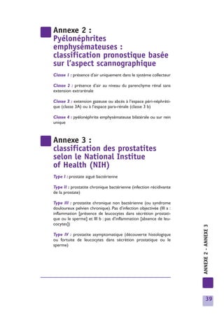 Annexe 2 :
Pyélonéphrites
emphysémateuses :
classification pronostique basée
sur l’aspect scannographique
Classe 1 : présence d’air uniquement dans le système collecteur

Classe 2 : présence d’air au niveau du parenchyme rénal sans
extension extrarénale

Classe 3 : extension gazeuse ou abcès à l’espace péri-néphréti-
que (classe 3A) ou à l’espace para-rénale (classe 3 b)

Classe 4 : pyélonéphrite emphysémateuse bilatérale ou sur rein
unique



Annexe 3 :
classification des prostatites
selon le National Institue
of Health (NIH)
Type I : prostate aiguë bactérienne

Type II : prostatite chronique bactérienne (infection récidivante
de la prostate)

Type III : prostatite chronique non bactérienne (ou syndrome
douloureux pelvien chronique). Pas d’infection objectivée (III a :
inflammation [présence de leucocytes dans sécrétion prostati-
que ou le sperme] et III b : pas d’inflammation [absence de leu-
cocytes])
                                                                     ANNEXE 2 - ANNEXE 3




Type IV : prostatite asymptomatique (découverte histologique
ou fortuite de leucocytes dans sécrétion prostatique ou le
sperme)




                                                                            39
 
