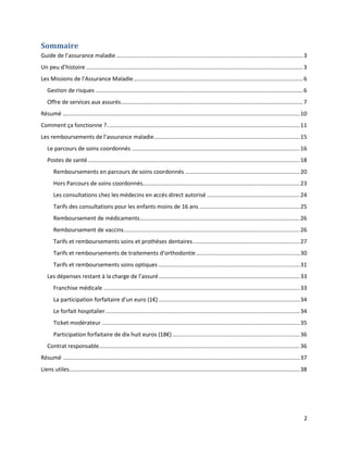 Sommaire
Guide de l’assurance maladie ....................................................................................................................... 3
Un peu d’histoire .......................................................................................................................................... 3
Les Missions de l’Assurance Maladie ............................................................................................................ 6
   Gestion de risques .................................................................................................................................... 6
   Offre de services aux assurés.................................................................................................................... 7
Résumé ....................................................................................................................................................... 10
Comment ça fonctionne ?........................................................................................................................... 11
Les remboursements de l’assurance maladie............................................................................................. 15
   Le parcours de soins coordonnés ........................................................................................................... 16
   Postes de santé ....................................................................................................................................... 18
       Remboursements en parcours de soins coordonnés ......................................................................... 20
       Hors Parcours de soins coordonnés.................................................................................................... 23
       Les consultations chez les médecins en accès direct autorisé ........................................................... 24
       Tarifs des consultations pour les enfants moins de 16 ans ................................................................ 25
       Remboursement de médicaments...................................................................................................... 26
       Remboursement de vaccins ................................................................................................................ 26
       Tarifs et remboursements soins et prothèses dentaires .................................................................... 27
       Tarifs et remboursements de traitements d’orthodontie .................................................................. 30
       Tarifs et remboursements soins optiques .......................................................................................... 31
   Les dépenses restant à la charge de l’assuré .......................................................................................... 33
       Franchise médicale ............................................................................................................................. 33
       La participation forfaitaire d’un euro (1€) .......................................................................................... 34
       Le forfait hospitalier ............................................................................................................................ 34
       Ticket modérateur .............................................................................................................................. 35
       Participation forfaitaire de dix huit euros (18€) ................................................................................. 36
   Contrat responsable................................................................................................................................ 36
Résumé ....................................................................................................................................................... 37
Liens utiles................................................................................................................................................... 38




                                                                                                                                                                2
 