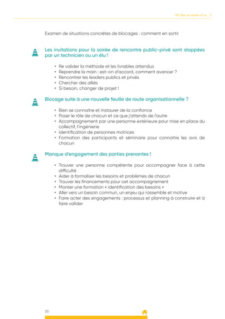 04. Que se passe til si ... ?
20
Examen de situations concrètes de blocages : comment en sortir
Les invitations pour la soirée de rencontre public-privé sont stoppées
par un technicien ou un élu !
•	 Re valider la méthode et les livrables attendus
•	 Reprendre la main : est-on d’accord, comment avancer ?
•	 Rencontrer les leaders publics et privés
•	 Chercher des alliés
•	 Si besoin, changer de projet !
Blocage suite à une nouvelle feuille de route organisationnelle ?
•	 Bien se connaitre et instaurer de la confiance
•	 Poser le rôle de chacun et ce que j’attends de l’autre
•	 Accompagnement par une personne extérieure pour mise en place du
collectif, l’ingénierie
•	 Identification de personnes motrices
•	 Formation des participants et séminaire pour connaitre les avis de
chacun
Manque d’engagement des parties prenantes !
•	 Trouver une personne compétente pour accompagner face à cette
difficulté
•	 Aider à formaliser les besoins et problèmes de chacun
•	 Trouver les financements pour cet accompagnement
•	 Monter une formation « identification des besoins »
•	 Aller vers un besoin commun, un enjeu qui rassemble et motive
•	 Faire acter des engagements : processus et planning à construire et à
faire valider
 
