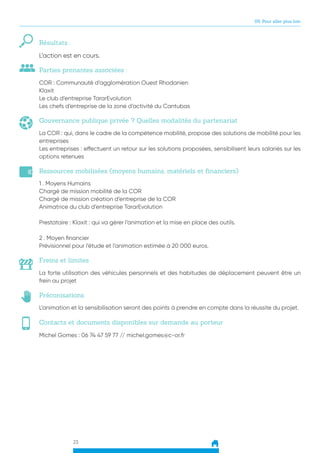 23
05. Pour aller plus loin
Résultats :
Parties prenantes associées :
Gouvernance publique privée ? Quelles modalités du partenariat
Ressources mobilisées (moyens humains, matériels et financiers)
Freins et limites
Préconisations
Contacts et documents disponibles sur demande au porteur
COR : Communauté d’agglomération Ouest Rhodanien
Klaxit
Le club d’entreprise TararEvolution
Les chefs d’entreprise de la zone d’activité du Cantubas
La COR : qui, dans le cadre de la compétence mobilité, propose des solutions de mobilité pour les
entreprises
Les entreprises : effectuent un retour sur les solutions proposées, sensibilisent leurs salariés sur les
options retenues
1 . Moyens Humains
Chargé de mission mobilité de la COR
Chargé de mission création d’entreprise de la COR
Animatrice du club d’entreprise TararEvolution
Prestataire : Klaxit : qui va gérer l’animation et la mise en place des outils.
2 . Moyen financier
Prévisionnel pour l’étude et l’animation estimée à 20 000 euros.
La forte utilisation des véhicules personnels et des habitudes de déplacement peuvent être un
frein au projet
L’animation et la sensibilisation seront des points à prendre en compte dans la réussite du projet.
Michel Gomes : 06 74 47 59 77 // michel.gomes@c-or.fr
L’action est en cours.
 
