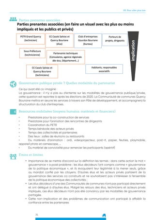35
05. Pour aller plus loin
Parties prenantes associées :
Gouvernance publique privée ? Quelles modalités du partenariat
Ce qui avait été co-imaginé :
La gouvernance : il n’y a pas eu d’entente sur les modalités de gouvernance publique/privée,
cette question est reportée à après les élections de 2020. La Communauté de communes Quercy
Bouriane mettra en œuvre les services à travers son Pôle de développement, et accompagnera la
structuration du club d’entreprises.
Ressources mobilisées (moyens humains, matériels et financiers)
•	 Prestataire pour la co-construction de services
•	 Prestataire pour l’animation des rencontres de dirigeants
•	 Coordination du PETR
•	 Temps bénévole des acteurs privés
•	 Temps des collectivités et partenaires
•	 Des lieux : salles de réunions ou restaurants
•	 Du matériels d’animation : ordi, videoprojecteur, post-it, papier, feutres, playmobile,
appareil photo et camescope, …
•	 Du matériel de convivialité pour remercier les participants (apéritif)
Freins et limites
•	 Importance de se mettre d’accord sur la définition les termes : dans cette action le mot «
gouvernance » a posé problème : les élus décideurs l’ont compris comme « gouvernance
de la politique économique », et ils évoquaient leur légitimité à la mener seuls, grâce
au mandat confié par les citoyens. D’autres élus et les acteurs privés parlaient de la
gouvernance des services co-construits et ne souhaitaient pas s’intéresser à l’ensemble
de la politique économique des collectivités ;
•	 Les élus décideurs d’une des Communautés de communes n’ont pas participé directement
et ont délégué à d’autres élus. Malgré les retours des élus, techniciens et acteurs privés
impliqués, ces élus décideurs n’ont pas été convaincu par les modalités de gouvernance
partagée.
•	 Cette non-implication et des problèmes de communication ont participé à affaiblir la
confiance entre les partenaires
 