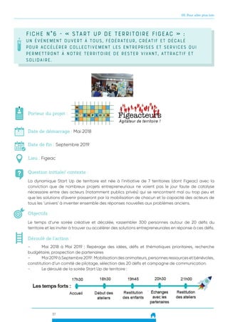 37
05. Pour aller plus loin
FICHE N°6 - « Start Up De Territoire Figeac » :
un évènement ouvert à tous, fédérateur, créatif et décalé
pour accélérer collectivement les entreprises et services qui
permettront à notre territoire de rester vivant, attractif et
solidaire.
Question initiale/ contexte :
Porteur du projet :
Date de démarrage : Mai 2018
Date de fin : Septembre 2019
Lieu : Figeac
Objectifs :
La dynamique Start Up de territoire est née à l’initiative de 7 territoires (dont Figeac) avec la
conviction que de nombreux projets entrepreneuriaux ne voient pas le jour faute de catalyse
nécessaire entre des acteurs (notamment publics privés) qui se rencontrent mal ou trop peu et
que les solutions d’avenir passeront par la mobilisation de chacun et la capacité des acteurs de
tous les ‘univers’ à inventer ensemble des réponses nouvelles aux problèmes anciens.
Le temps d’une soirée créative et décalée, rassembler 300 personnes autour de 20 défis du
territoire et les inviter à trouver ou accélérer des solutions entrepreneuriales en réponse à ces défis.
Déroulé de l’action :
-	 Mai 2018 à Mai 2019 : Repérage des idées, défis et thématiques prioritaires, recherche
budgétaire, prospection de partenaires
-	 Mai2019àSeptembre2019:Mobilisationdesanimateurs,personnesressourcesetbénévoles,
constitution d’un comité de pilotage, sélection des 20 défis et campagne de communication.
-	 Le déroulé de la soirée Start Up de territoire :
 