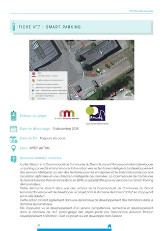 39
05. Pour aller plus loin
Question initiale/ contexte :
Porteur du projet :
Date de démarrage : 11 décembre 2018
Date de fin : Toujours en cours
Lieu : AMDF AUTUN
la ville d’Autun et la Communauté de Communes du Grand Autunois Morvan souhaitent développer
un parking connecté et ainsi amorcer la transition vers les territoires intelligents. Le développement
des services intelligents au sein des territoires pour les entreprises et les habitants passe par une
circulation optimisée et une utilisation intelligente des données. La Communauté de Communes
du Grand Autunois Morvan lance donc en 2018 un appel d’offre pour la création d’un Smart Parking
démonstrateur.
Cette démarche s’inscrit dans une des actions de la Communauté de Communes du Grand
Autunois Morvan qui est de développer un projet dans le domaine de la Smart City* en s’appuyant
sur la ville d’Autun.
Cette action s’inscrit également dans une dynamique de développement des formations dans le
domaine du numérique.
Elle s’appuiera sur le développement d’un service compétences, recherche et développement
dans le domaine de l’IoT prototypage des objets porté par l’association Autunois Morvan
Développement Formation. C’est ce projet qui est développé dans Ressac.
FICHE N°7 - Smart Parking
 