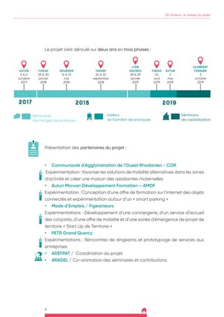 8
02. Acteurs et étapes du projet
Le projet s’est déroulé sur deux ans en trois phases :
Présentation des partenaires du projet :
•	 Communauté d’Agglomération de l’Ouest Rhodanien - COR
Expérimentation : favoriser les solutions de mobilité alternatives dans les zones
d’activité et créer une maison des assistantes maternelles
•	 Autun Morvan Développement Formation – AMDF
Expérimentation : Conception d’une offre de formation sur l’internet des objets
connectés et expérimentation autour d’un « smart parking »
•	 Mode d’Emplois / Figeacteurs
Expérimentations : Développement d’une conciergerie, d’un service d’accueil
des conjoints, d’une offre de mobilité et d’une soirée d’émergence de projet de
territoire « Start Up de Territoire »
•	 PETR Grand Quercy
Expérimentations : Rencontres de dirigeants et prototypage de services aux
entreprises
•	 ADEFPAT / Coordination du projet
•	 ARADEL / Co-animation des séminaires et contributions
AUTUN
5 & 6
octobre
2017
FIGEAC
29 & 30
janvier
2018
FIGEAC
24
avril
2019
AUTUN
2
mai
2019
CLERMONT
FERRAND
3
octobre
2019
GOURDON
14 & 15
mai
2018
TARARE
24 & 25
septembre
2018
LYON
VALENCE
28 & 29
janvier
2019
2017 2018 2019
Séminaires
d’échanges de pratiques
Ateliers
de transfert de pratiques
Séminaire
de capitalisation
 