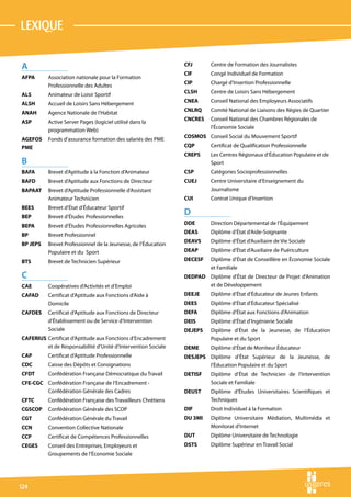 LEXIQUE

A                                                                CFJ	       Centre de Formation des Journalistes
                                                                 CIF	       Congé Individuel de Formation
AFPA 	     Association nationale pour la Formation
                                                                 CIP	       Chargé d’Insertion Professionnelle
           Professionnelle des Adultes
                                                                 CLSH	      Centre de Loisirs Sans Hébergement
ALS	       Animateur de Loisir Sportif
                                                                 CNEA	      Conseil National des Employeurs Associatifs
ALSH 	     Accueil de Loisirs Sans Hébergement
                                                                 CNLRQ	     Comité National de Liaisons des Régies de Quartier
ANAH	      Agence Nationale de l’Habitat
                                                                 CNCRES 	 Conseil National des Chambres Régionales de
ASP	       Active Server Pages (logiciel utilisé dans la
                                                                          l’Économie Sociale
           programmation Web)
                                                                 COSMOS	 Conseil Social du Mouvement Sportif
AGEFOS	 Fonds d’assurance formation des salariés des PME
PME                                                              CQP	       Certificat de Qualification Professionnelle
                                                                 CREPS	     Les Centres Régionaux d’Éducation Populaire et de
B                                                                           Sport
BAFA	      Brevet d’Aptitude à la Fonction d’Animateur           CSP	       Catégories Socioprofessionnelles
BAFD	      Brevet d’Aptitude aux Fonctions de Directeur          CUEJ 	     Centre Universitaire d’Enseignement du
BAPAAT	 Brevet d’Aptitude Professionnelle d’Assistant                       Journalisme
        Animateur Technicien                                     CUI 	      Contrat Unique d’Insertion
BEES	      Brevet d’État d’Éducateur Sportif
BEP	       Brevet d’Études Professionnelles
                                                                 D
                                                                 DDE	       Direction Départemental de l’Équipement
BEPA	      Brevet d’Études Professionnelles Agricoles
                                                                 DEAS	      Diplôme d’État d’Aide-Soignante
BP	        Brevet Professionnel
                                                                 DEAVS	     Diplôme d’État d’Auxiliaire de Vie Sociale
BP JEPS	   Brevet Professionnel de la Jeunesse, de l’Éducation
           Populaire et du Sport                                 DEAP	      Diplôme d’État d’Auxiliaire de Puériculture

BTS	       Brevet de Technicien Supérieur                        DECESF	    Diplôme d’État de Conseillère en Économie Sociale
                                                                            et Familiale
C                                                                DEDPAD 	 Diplôme d’État de Directeur de Projet d’Animation
CAE	       Coopératives d’Activités et d’Emploi                           et de Développement
CAFAD	     Certificat d’Aptitude aux Fonctions d’Aide à          DEEJE	     Diplôme d’État d’Éducateur de Jeunes Enfants
           Domicile                                              DEES	      Diplôme d’État d’Éducateur Spécialisé
CAFDES	 Certificat d’Aptitude aux Fonctions de Directeur         DEFA	      Diplôme d’État aux Fonctions d’Animation
        d’Établissement ou de Service d’Intervention             DEIS	      Diplôme d’État d’Ingénierie Sociale
        Sociale                                                  DEJEPS	    Diplôme d’État de la Jeunesse, de l’Éducation
CAFERIUS	 Certificat d’Aptitude aux Fonctions d’Encadrement                 Populaire et du Sport
          et de Responsabilité d’Unité d’Intervention Sociale    DEME	      Diplôme d’État de Moniteur Éducateur
CAP	       Certificat d’Aptitude Professionnelle                 DESJEPS 	 Diplôme d’État Supérieur de la Jeunesse, de
CDC 	      Caisse des Dépôts et Consignations                              l’Éducation Populaire et du Sport
CFDT	      Confédération Française Démocratique du Travail       DETISF 	   Diplôme d’État de Technicien de l’Intervention
CFE-CGC	 Confédération Française de l’Encadrement -                         Sociale et Familiale
         Confédération Générale des Cadres                       DEUST 	    Diplôme d’Études Universitaires Scientifiques et
CFTC	      Confédération Française des Travailleurs Chrétiens               Techniques
CGSCOP 	 Confédération Générale des SCOP                         DIF 	      Droit Individuel à la Formation
CGT	       Confédération Générale du Travail                     DU 3MI 	   Diplôme Universitaire Médiation, Multimédia et
CCN	       Convention Collective Nationale                                  Monitorat d’Internet
CCP 	      Certificat de Compétences Professionnelles            DUT 	      Diplôme Universitaire de Technologie
CEGES	     Conseil des Entreprises, Employeurs et                DSTS 	     Diplôme Supérieur en Travail Social
           Groupements de l’Économie Sociale




124
 