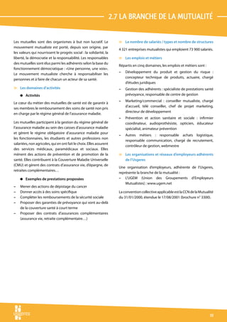 2.7 La branche dE LA MUTUALITÉ

Les mutuelles sont des organismes à but non lucratif. Le                v Le nombre de salariés / types et nombre de structures
mouvement mutualiste est porté, depuis son origine, par
                                                                        4 321 entreprises mutualistes qui emploient 73 900 salariés.
les valeurs qui nourrissent le progrès social : la solidarité, la
liberté, la démocratie et la responsabilité. Les responsables           v Les emplois et métiers
des mutuelles sont élus parmi les adhérents selon la base du
                                                                        Répartis en cinq domaines, les emplois et métiers sont :
fonctionnement démocratique : «Une personne, une voix».
                                                                        –   Développement du produit et gestion du risque :
Le mouvement mutualiste cherche à responsabiliser les
                                                                            concepteur technique de produits, actuaire, chargé
personnes et à faire de chacun un acteur de sa santé.
                                                                            d’études juridiques
v Les domaines d’activités                                              –   Gestion des adhérents : spécialiste de prestations santé
    4 Activités                                                             prévoyance, responsable de centre de gestion
                                                                        –   Marketing/commercial : conseiller mutualiste, chargé
Le cœur du métier des mutuelles de santé est de garantir à
                                                                            d’accueil, télé conseiller, chef de projet marketing,
ses membres le remboursement des soins de santé non pris
                                                                            directeur de développement
en charge par le régime général de l’assurance maladie.
                                                                        –   Prévention et action sanitaire et sociale : infirmier
Les mutuelles participent à la gestion du régime général de                 coordinateur, audioprothésiste, opticien, éducateur
l’assurance maladie au sein des caisses d’assurance maladie                 spécialisé, animateur prévention
et gèrent le régime obligatoire d’assurance maladie pour
                                                                        –   Autres métiers : responsable achats logistique,
les fonctionnaires, les étudiants et autres professions non
                                                                            responsable communication, chargé de recrutement,
salariées, non agricoles, qui en ont fait le choix. Elles assurent
                                                                            contrôleur de gestion, webmestre
des services médicaux, paramédicaux et sociaux. Elles
mènent des actions de prévention et de promotion de la                  v Les organisations et réseaux d’employeurs adhérents
santé. Elles contribuent à la Couverture Maladie Universelle              de l’Usgeres
(CMU) et gèrent des contrats d’assurance vie, d’épargne, de
                                                                        Une organisation d’employeurs, adhérente de l’Usgeres,
retraites complémentaires…
                                                                        représente la branche de la mutualité :
    4 Exemples de prestations proposées                                 – L’UGEM (Union des Groupements d’Employeurs
                                                                            Mutualistes) : www.ugem.net
–   Mener des actions de dépistage du cancer
–   Donner accès à des soins spécifique                                 La convention collective applicable est la CCN de la Mutualité
–   Compléter les remboursements de la sécurité sociale                 du 31/01/2000, étendue le 17/08/2001 (brochure n° 3300).
–   Proposer des garanties de prévoyance qui vont au-delà
    de la couverture santé à court terme
–   Proposer des contrats d’assurances complémentaires
    (assurance vie, retraite complémentaire…)




                                                                                                                                   19
 