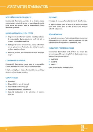 assistant(E) d’animation

ACTIVITÉ PRINCIPALE DU POSTE                                        DIPLÔMES
L’assistant(e) d’animation participe à la fonction socio-           Il n’y a pas de niveau de formation demandé dans l’emploi.
éducative dans le cadre de la mise en œuvre du projet social.
                                                                    Le BAPAAT (option loisirs du jeune et de l’enfant ou option
Il/elle anime les activités sous la responsabilité d’un(e)
                                                                    loisirs tout public dans les sites et structures d’accueil
référent(e) qualifié(e).
                                                                    collectif ) est appécié.

MISSIONS PRINCIPALES DU POSTE
                                                                    RÉMUNÉRATION
v Organiser matériellement l’activité encadrée, soit sous
                                                                    Le salaire brut mensuel d’un(e) assistant(e) d’animation est
  la responsabilité d’un professionnel confirmé, soit en
                                                                    compris entre 1265 € et 1698 € selon la convention CCN et la
  rendant compte à son supérieur
                                                                    valeur du point en vigueur au 1er septembre 2010.
v Participer à la mise en œuvre du projet, notamment
  en ce qui concerne l’animation des loisirs, le soutien
  scolaire, la petite enfance
                                                                    ÉVOLUTION PROFESSIONNELLE
                                                                    L’assistant(e) d’animation peut évoluer au travers des
v Expliquer, montrer des modes de réalisation, des règles
                                                                    formations possibles dans l’emploi. Trois diplômes de niveau
  du jeu
                                                                    IV peuvent ainsi être préparés :
                                                                    v Le BPJEPS
CONDITIONS DE TRAVAIL
                                                                    v Le DEME
L’assistant(e) d’animation exerce sous la responsabilité            v Le BEES
d’un(e) animateur(trice) ou d’un(e) coordinateur(trice).
                                                                    Il/elle pourra devenir animateur(trice).
Il s’agit, pour la plupart des cas, d’emplois à temps partiel qui
deviennent intensifs par périodes.


COMPÉTENCES
v Endurance
v Disponibilité et sens de l’accueil
v Capacité à travailler en équipe
v Capacité à être créatif et imaginatif
v Capacité d’adptation à des clientèles et cultures
  diverses




28
 