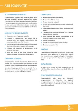 aide soignant(e)

ACTIVITÉ PRINCIPALE DU POSTE                                        COMPÉTENCES
L’aide-soignant(e) contribue à la prise en charge d’une             v Bonne communication orale et écrite
personne, participe à des soins répondant aux besoins               v Respect des habitudes de vie
d’entretien et de continuité de la vie des personnes en visant
                                                                    v Respect des temps de travail
à compenser, partiellement ou totalement, une diminution
                                                                    v Respect de l’intimité de la personne aidée (obligation de
de leur autonomie. Il/elle intervient dans le cadre des
                                                                      discrétion)
services de soins infirmiers à domicile (SSIAD) sous l’autorité
d’un(e) infirmier(e).                                               v Capacité à se déplacer pour se rendre aux domiciles des
                                                                      usagers
                                                                    v Compétences techniques en termes de soins d’hygiène,
MISSIONS PRINCIPALES DU POSTE
                                                                      d’alimentation et de confort
v Assurer des soins d’hygiène et de confort                         v Savoir identifier les besoins fondamentaux de la
v Participer à l’identification des besoins de la                     personne et apprécier son état de santé
  personne, suivre son évolution et en informer le/la               v Sens de l’observation
  coordinateur(trice) de services de soins.
                                                                    v Sens du travail en équipe et de l’organisation
v Informer les personnes des soins courants dispensés et
                                                                    v Compétences relationnelles
  donner des informations courantes à l’entourage.
v Participer à la prévention de la dépendance de la
  personne, la stimuler.
                                                                    DIPLÔMES
v Situer son action au sein d’une équipe de travail                 L’aide-soignant(e) est titulaire du diplôme d’État d’aide-
  pluridisciplinaire et transmettre ses observations.               soignant(e) (DEAS) qui atteste les compétences requises
                                                                    pour exercer le métier. Ce diplôme s’acquiert à l’issue d’une
                                                                    formation ou par validation des acquis de l’expérience
CONDITIONS DE TRAVAIL
                                                                    (VAE).
L’aide soignant(e) travaille en autonomie. Il/elle exerce ses
activités sous la responsabilité d’un(e) infirmier(e) et situe      RÉMUNÉRATION
son action au sein d’une équipe de travail pluridisciplinaire.
                                                                    Le salaire brut mensuel de l’aide soignant(e) est de
Le métier d’aide-soignant(e) s’exerce au domicile d’un ou
                                                                    1569 € en début de carrière. Il peut atteindre 2110 € en fin
plusieurs particuliers. L’activité peut s’effectuer dans le cadre
                                                                    de carrière.
d’horaires décalés, le week-end et les jours fériés.

                                                                    ÉVOLUTION PROFESSIONNELLE
                                                                    L’aide-soignant(e)     peut,     après   des      formations
                                                                    complémentaires        et    l’obtention   de       diplômes
                                                                    correspondants, s’orienter vers les métiers suivants : aide
                                                                    médico-psychologique, auxiliaire de vie sociale, auxiliaire de
                                                                    puériculture, infirmier(e).




34
 