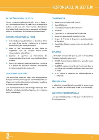responsable de secteur

ACTIVITÉ PRINCIPALE DU POSTE                                        COMPÉTENCES
Premier niveau d’encadrement dans les services d’aide et            v Bonne communication orale et écrite
d’accompagnement à domicile (SAAD), le/la responsable de            v Capacité d’écoute
secteur a un rôle pivot entre l’intervenant(e) à domicile et le
                                                                    v Sens de l’organisation et de l’autonomie
bénéficiaire. Il/elle assure la mise en œuvre et le suivi du plan
                                                                    v Réactivité
d’aide en mobilisant les ressources humaines nécessaires.
                                                                    v Compétences en matière de gestion d’équipe
                                                                    v Bonne connaissance de la législation sociale
MISSIONS PRINCIPALES DU POSTE
                                                                    v Respect de l’intimité de la personne aidée (obligation
v Évaluer les besoins du bénéficiaire au domicile et définir          de discrétion)
  son projet de vie avec lui : évaluation de la situation,
                                                                    v Capacité à se déplacer pour se rendre aux domiciles des
  élaboration du plan d’aide personnalisé
                                                                      usagers
v Veiller au bon déroulement du plan d’aide en
  coopération avec les équipes médico-sociales
  intervenant chez le bénéficiaire
                                                                    DIPLÔMES
v Organiser et superviser les interventions des                     La formation correspond le plus souvent au niveau III de
  intervenants à domicile dans le respect de la législation         l’Éducation Nationale, notamment :
  du travail                                                        v DECESF d’assistant social, d’éducateur spécialisé ou de
v Assurer l’encadrement des intervenant(e)s à domicile                travail social.
  et la gestion des ressources humaines : recrutement,              v Un DETISF avec au moins 10 ans d’ancienneté dans la
  formation, évaluation des personnels                                fonction, et une formation complémentaire d’adaptation
                                                                      au poste.
CONDITIONS DE TRAVAIL                                               v Le BTS Services et Prestations des Secteurs Sanitaire et
                                                                      Social (SP3S)
La/le responsable de secteur exerce sous la responsabilité
d’un(e) supérieur(e) hiérarchique. Il est amené à se déplacer
fréquemment au domicile des bénéficiaires dans le cadre de          RÉMUNÉRATION
la mise en œuvre du plan d’aide.                                    Le salaire brut mensuel d’un(e) responsable de secteur est de
Le/la responsable de secteur doit manager une équipe dont           1945 € en début de carrière et de 2608 € en fin de carrière.
il/elle gère l’attribution de tâches, la gestion des emplois du
temps et l’évaluation.                                              ÉVOLUTION PROFESSIONNELLE
                                                                    Le/la responsable de secteur peut évoluer vers des fonctions
                                                                    de cadre de secteur.




                                                                                                                              39
 
