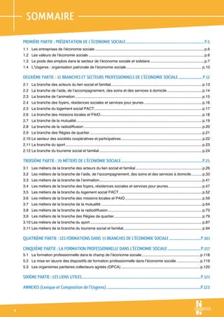 sommaire

	   PREMIÈRE PARTIE : PRÉSENTATION DE L’ÉCONOMIE SOCIALE........................................................................................p.5
                                                        .
	   1.1 	 Les entreprises de l’économie sociale......................................................................................................... p.6
	   1.2 	 Les valeurs de l’économie sociale............................................................................................................... p.6
	   1.3 	 Le poids des emplois dans le secteur de l’économie sociale et solidaire.................................................... p.7
	   1.4 	 L’Usgeres : organisation patronale de l’économie sociale......................................................................... p.10

	   DEUXIÈME PARTIE : 12 BRANCHES ET SECTEURS PROFESSIONNELS DE L’ÉCONOMIE SOCIALE............................p.12
	   2.1	 La branche des acteurs du lien social et familial....................................................................................... p.13
                                                          .
	   2.2	 La branche de l’aide, de l’accompagnement, des soins et des services à domicile.................................. p.14
	   2.3	 La branche de l’animation.......................................................................................................................... p.15
	   2.4	 La branche des foyers, résidences sociales et services pour jeunes........................................................ p.16
	   2.5	 La branche du logement social PACT....................................................................................................... p.17
                                           .
	   2.6	 La branche des missions locales et PAIO................................................................................................. p.18
                                                .
	   2.7	 La branche de la mutualité......................................................................................................................... p.19		
	   2.8	 La branche de la radiodiffusion.................................................................................................................. p.20
	   2.9	 La branche des Régies de quartier............................................................................................................ p.21
	   2.10	Le secteur des sociétés coopératives et participatives.............................................................................. p.22
	   2.11	La branche du sport................................................................................................................................... p.23
	   2.12	La branche du tourisme social et familial................................................................................................... p.24

	   TROISIÈME PARTIE : 70 MÉTIERS DE L’ÉCONOMIE SOCIALE............................................................................................p.25
	   3.1	 Les métiers de la branche des acteurs du lien social et familial................................................................ p.26
	   3.2	 Les métiers de la branche de l’aide, de l’accompagnement, des soins et des services à domicile. ......... p.33
                                                                                                       .
	   3.3	 Les métiers de la branche de l’animation.................................................................................................. p.41
                                                 .
	   3.4	 Les métiers de la branche des foyers, résidences sociales et services pour jeunes................................. p.47
	   3.5	 Les métiers de la branche du logement social PACT................................................................................ p.52
	   3.6	 Les métiers de la branche des missions locales et PAIO.......................................................................... p.59
	   3.7	 Les métiers de la branche de la mutualité................................................................................................. p.64
	   3.8	 Les métiers de la branche de la radiodiffusion.......................................................................................... p.73
                                                       .
	   3.9 	 Les métiers de la branche des Régies de quartier.................................................................................... p.79		
                                                          .
	   3.10 Les métiers de la branche du sport............................................................................................................ p.87
	   3.11 Les métiers de la branche du tourisme social et familial. .......................................................................... p.94
                                                                 .

	   QUATRIÈME PARTIE : LES FORMATIONS DANS 11 BRANCHES DE L’ÉCONOMIE SOCIALE....................................P.101

	   CINQUIÈME PARTIE : LA FORMATION PROFESSIONNELLE DANS L’ÉCONOMIE SOCIALE......................................p.117
	   5.1	 La formation professionnelle dans le champ de l’économie sociale........................................................ p.118
	   5.2	 La mise en œuvre des dispositifs de formation professionnelle dans l’économie sociale....................... p.119
	   5.3	 Les organismes paritaires collecteurs agréés (OPCA)............................................................................ p.120

	   SIXIÈME PARTIE : LES LIENS UTILES.....................................................................................................................................P.121
                                     .

	   ANNEXES (Lexique et Composition de l’Usgeres)..........................................................................................................P.123
	   	



 