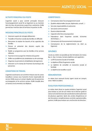 agent(e) social

ACTIVITÉ PRINCIPALE DU POSTE                                       COMPÉTENCES
L’agent(e) social a pour activité principale d’assurer             v Connaissance dans l’accompagnement social
l’accompagnement social lié au logement ou au maintien             v Qualités relationnelles (écoute, diplomatie, conseil…)
dans les lieux de personnes jusqu’à leur autonomie. Il/elle
                                                                   v Sens des responsabilités et autonomie
permet leur insertion dans le territoire, le quartier, la ville.
                                                                   v Sens de la communication
                                                                   v Aisance rédactionnelle
MISSIONS PRINCIPALES DU POSTE
                                                                   v Capacité à être force de proposition
v Intervenir auprès de ménages défavorisés                         v Polyvalence dans         l’expertise   (sociale,   économie
v Travailler à l’insertion sociale des familles en difficulté        domestique, ..)
v Rencontrer et évaluer les besoins et les capacités des           v Connaissance de l’environnement institutionnel
  familles                                                         v Connaissance de la réglementation du droit au
v Dresser et présenter          des    dossiers   auprès    des      logement
  commissions
v Établir un programme avec les familles et les services           DIPLÔMES
  référents
                                                                   L’accès au métier est possible par des formations de niveau
v Favoriser et encourager les initiatives de quartier
                                                                   Bac+2, Bac+3 et plus. Certains diplômes sont appréciés :
v Veiller aux problèmes de cohabitation ou de voisinage
                                                                   v Le BTS Economie Sociale et Familiale
v Organiser et permettre la réhabilitation de logements
                                                                   v Le diplôme d’État d’ingénierie sociale
v Intervenir sur le champ de l’insertion économique des
                                                                   v Le diplôme de conseiller en économie sociale et
  personnes
                                                                     familiale
                                                                   v Le diplôme de travailleur social
CONDITIONS DE TRAVAIL
L’agent(e) social exerce son activité en liaison avec les autres   RÉMUNÉRATION
travailleurs sociaux sous l’autorité d’un(e) responsable de
service. Il/elle assure un contact régulier avec les personnes     Le salaire brut mensuel d’un(e) agent social est compris
accompagnées et les services sociaux. Il/elle travaille dans       entre 1400 € et 2200 €.
un bureau et est amené(e) à se déplacer.
                                                                   ÉVOLUTION PROFESSIONNELLE
                                                                   Le métier étant divisé en quatre échelons, l’agent(e) social
                                                                   peut évoluer au sein de son métier vers le dernier grade et
                                                                   exercer ainsi des fonctions de coordination et d’encadrement
                                                                   de plusieurs agent(e)s. Après des années d’expériences et
                                                                   des formations complémentaires (activités opérationnelles,
                                                                   gestion), il/elle peut évoluer vers une fonction de direction.




                                                                                                                              53
 
